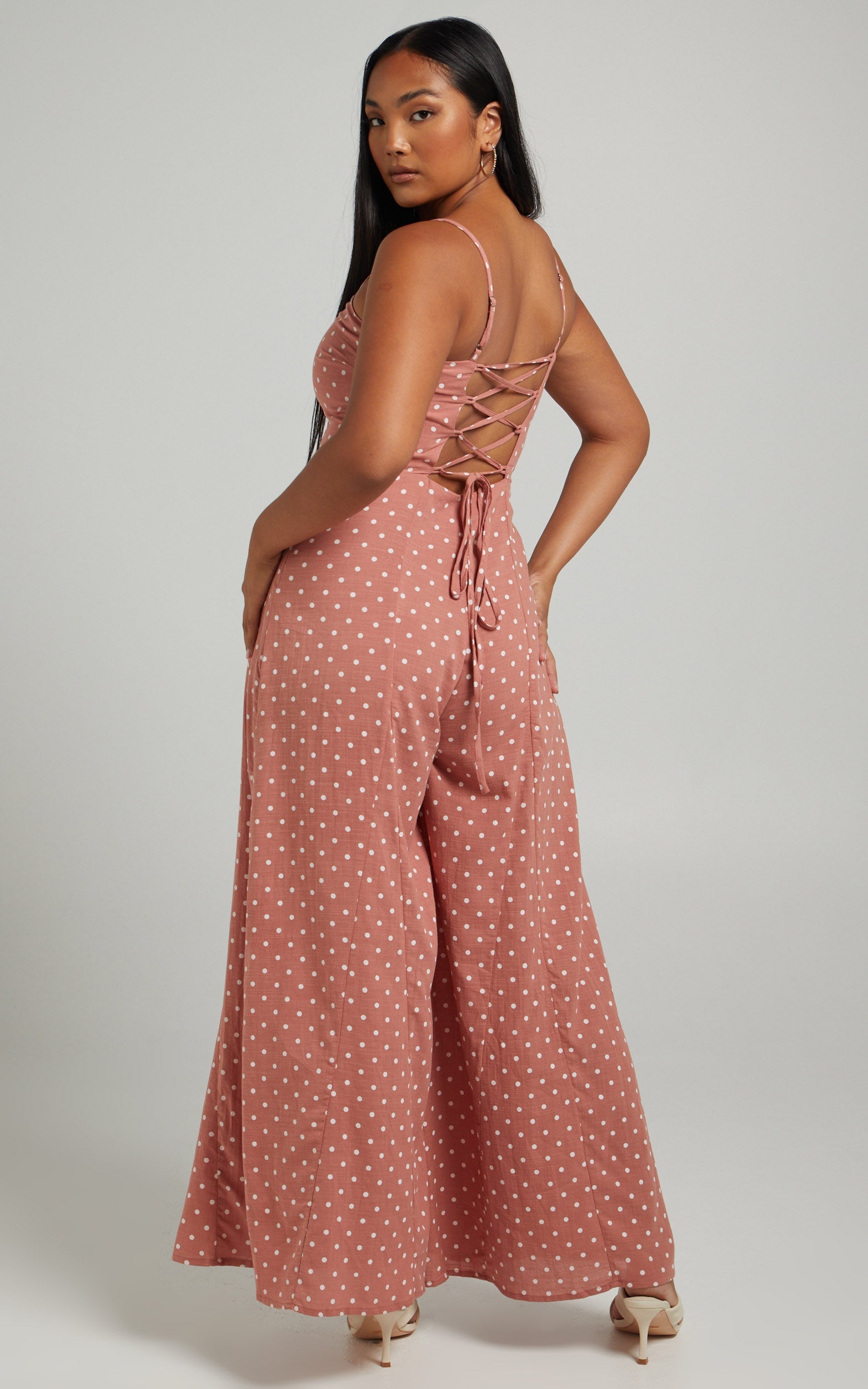 Emmie Tie Back Wide Leg Jumpsuit in Dusty Pink Spot