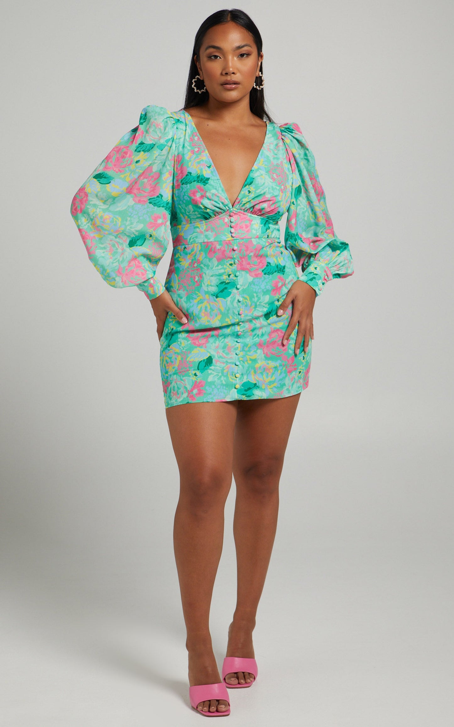 Jenelyn Long Sleeve Mini Dress in Neon Floral