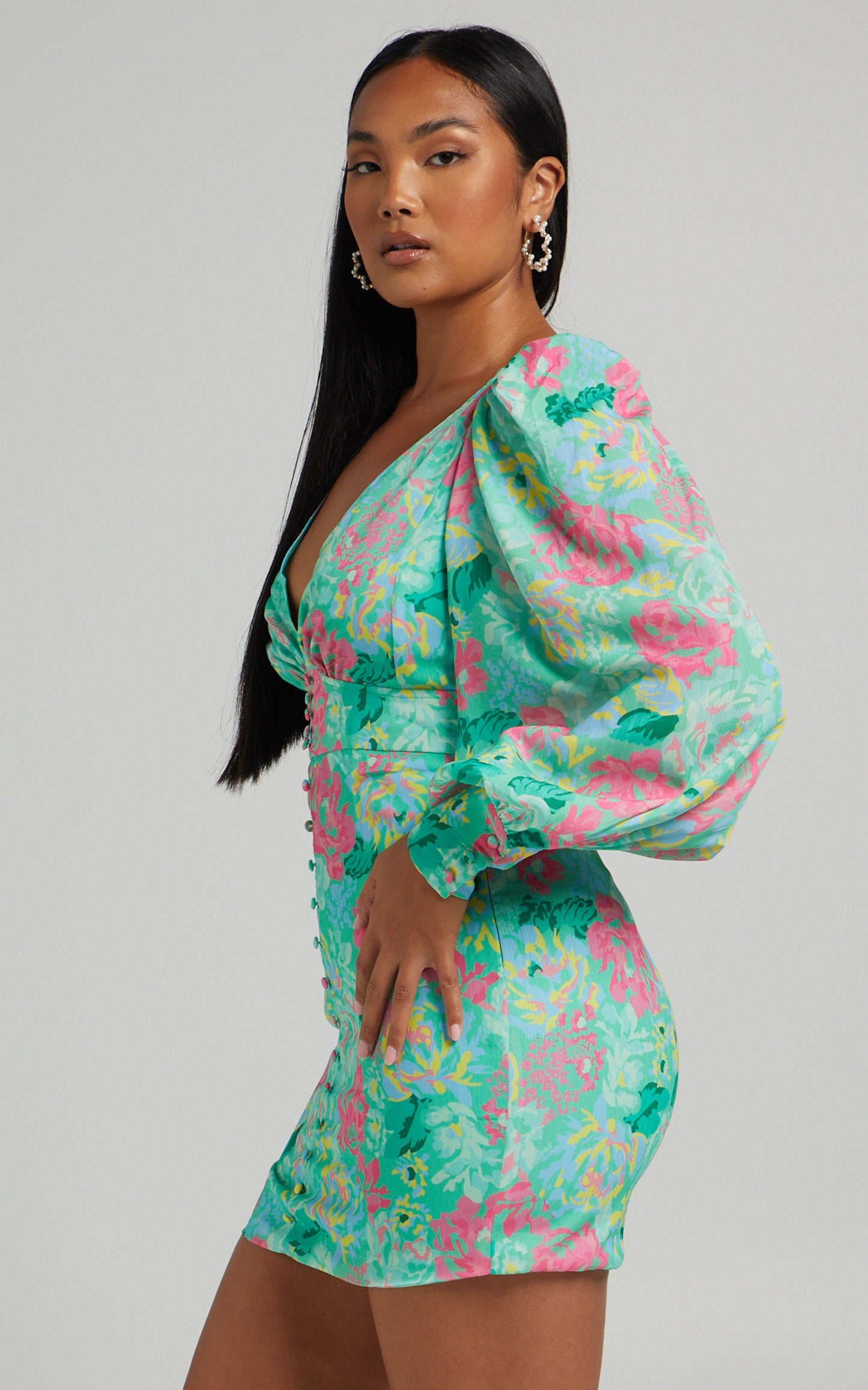 Jenelyn Long Sleeve Mini Dress in Neon Floral