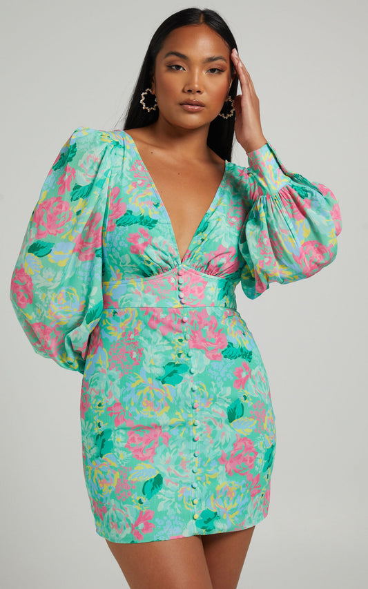 Jenelyn Long Sleeve Mini Dress in Neon Floral