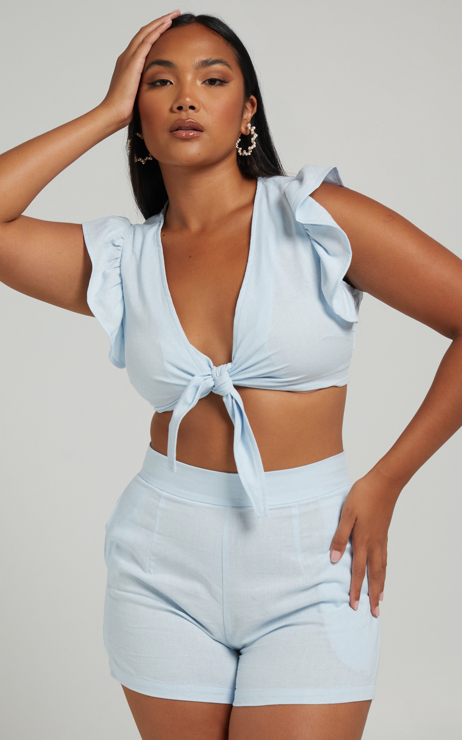 Arcaja Two Piece Short Set with Frill Sleeve Crop Top In Linen in Light Blue Linen Look