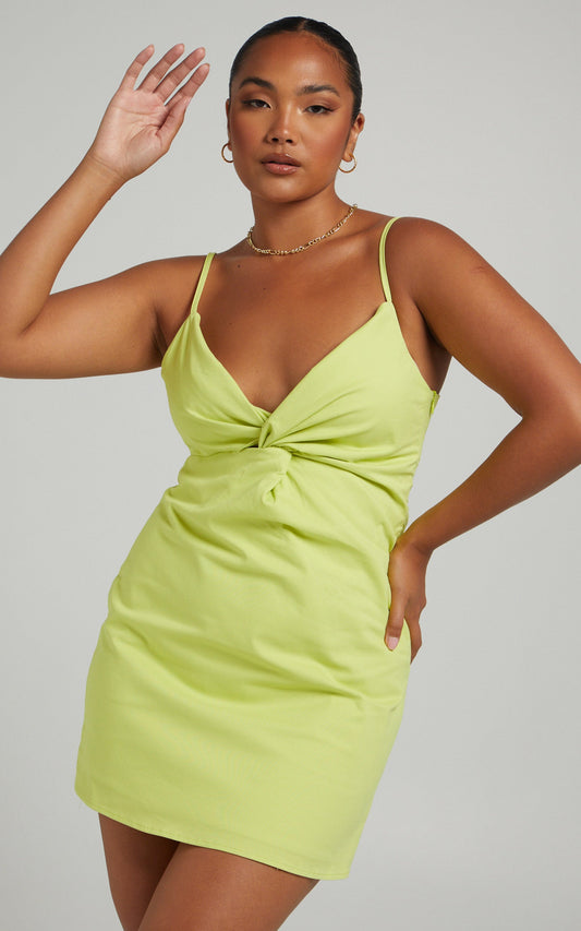 Tommy Twist Front Mini Dress in Lime