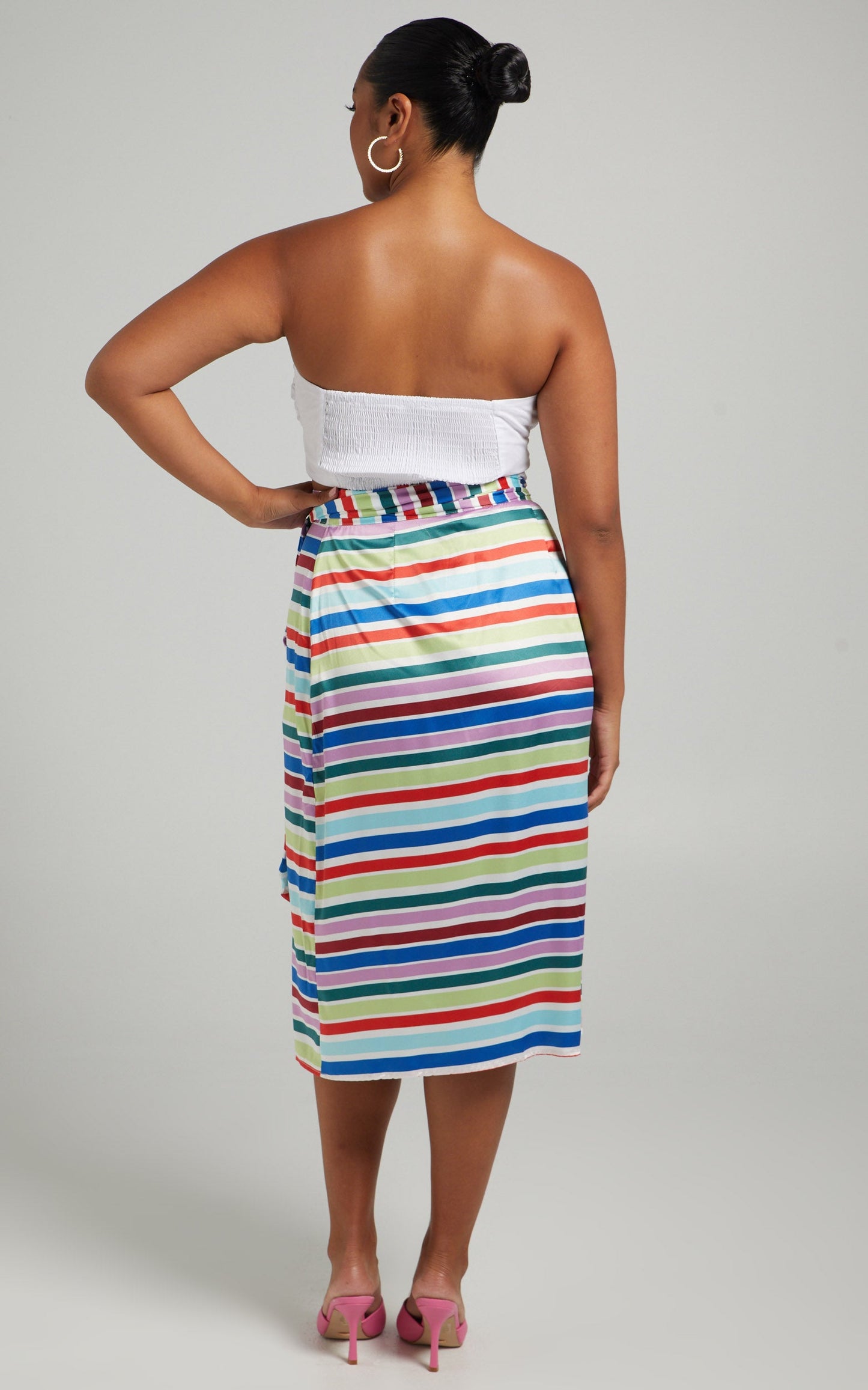 Lejia Midi Skirt - Wrap with Belt Tie Skirt in Multi Stripe Satin