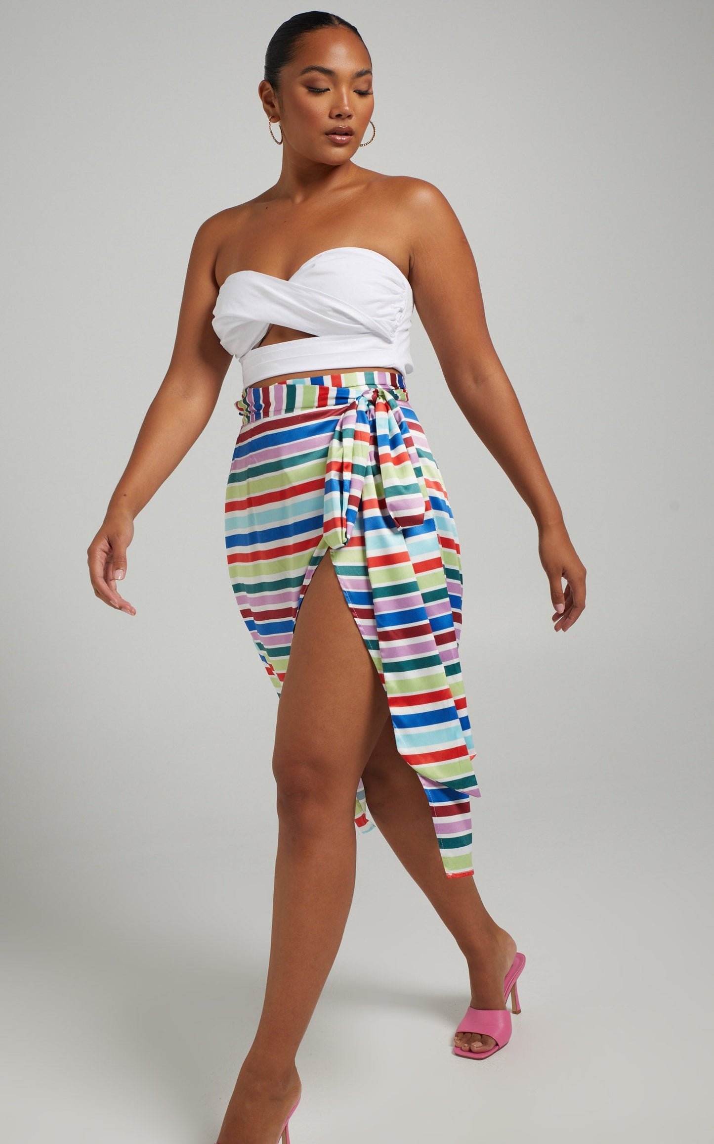 Lejia Midi Skirt - Wrap with Belt Tie Skirt in Multi Stripe Satin