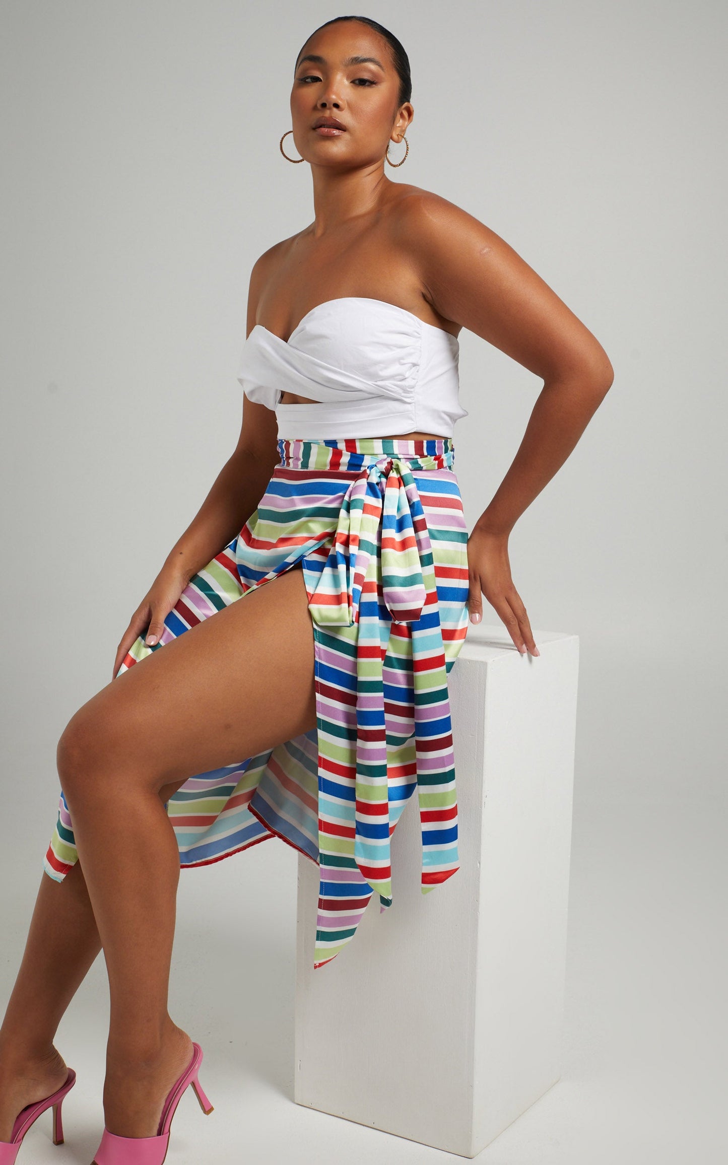 Lejia Midi Skirt - Wrap with Belt Tie Skirt in Multi Stripe Satin