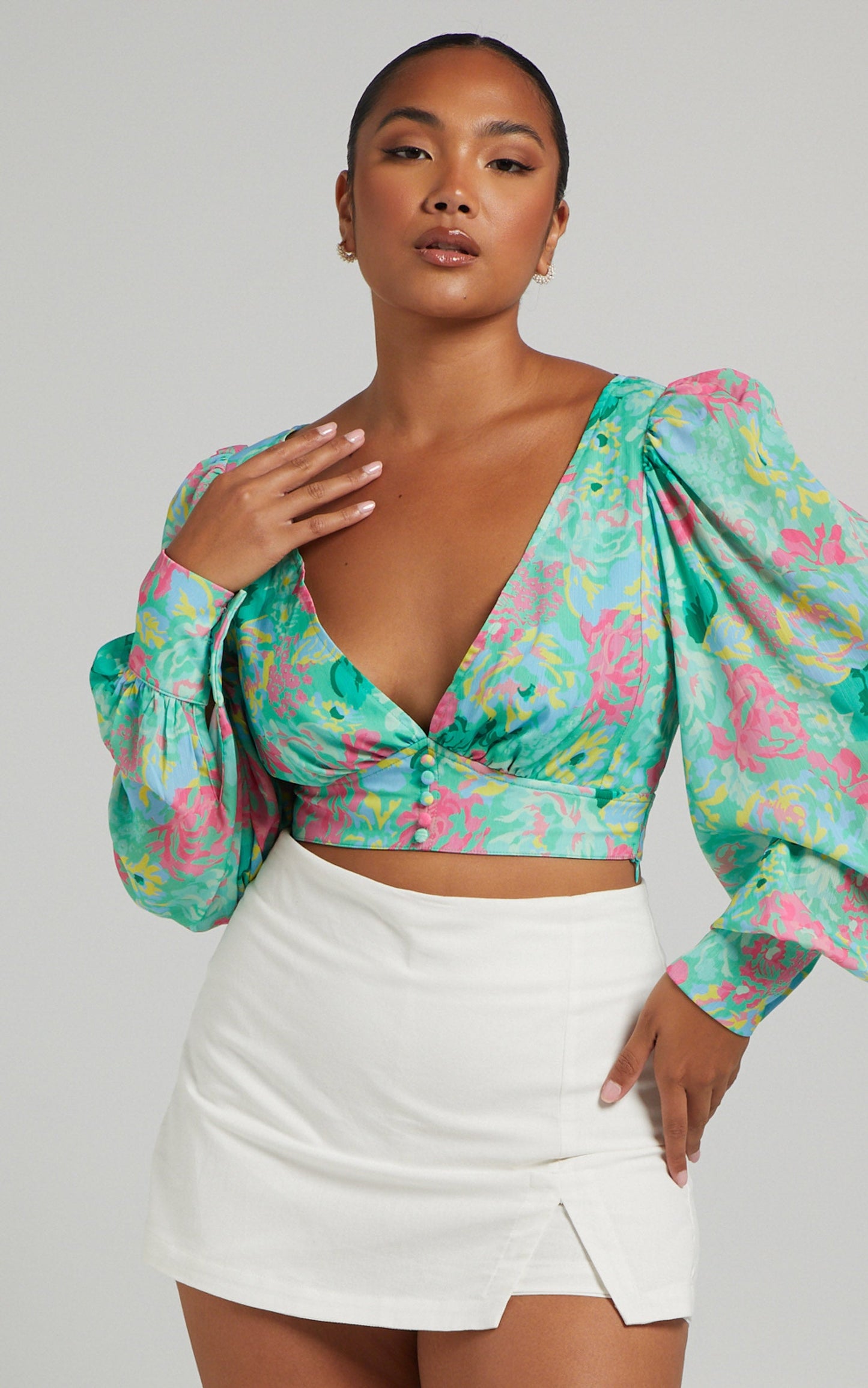 Mekila Long Sleeve Button Up Top in Neon Floral