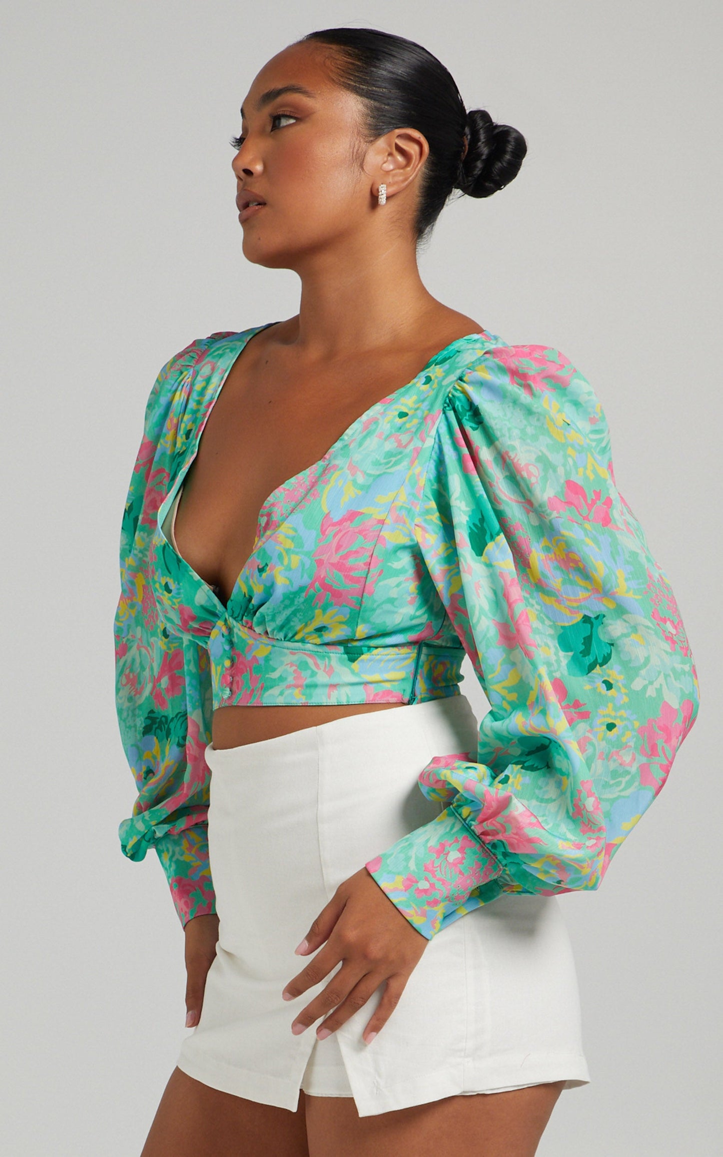 Mekila Long Sleeve Button Up Top in Neon Floral