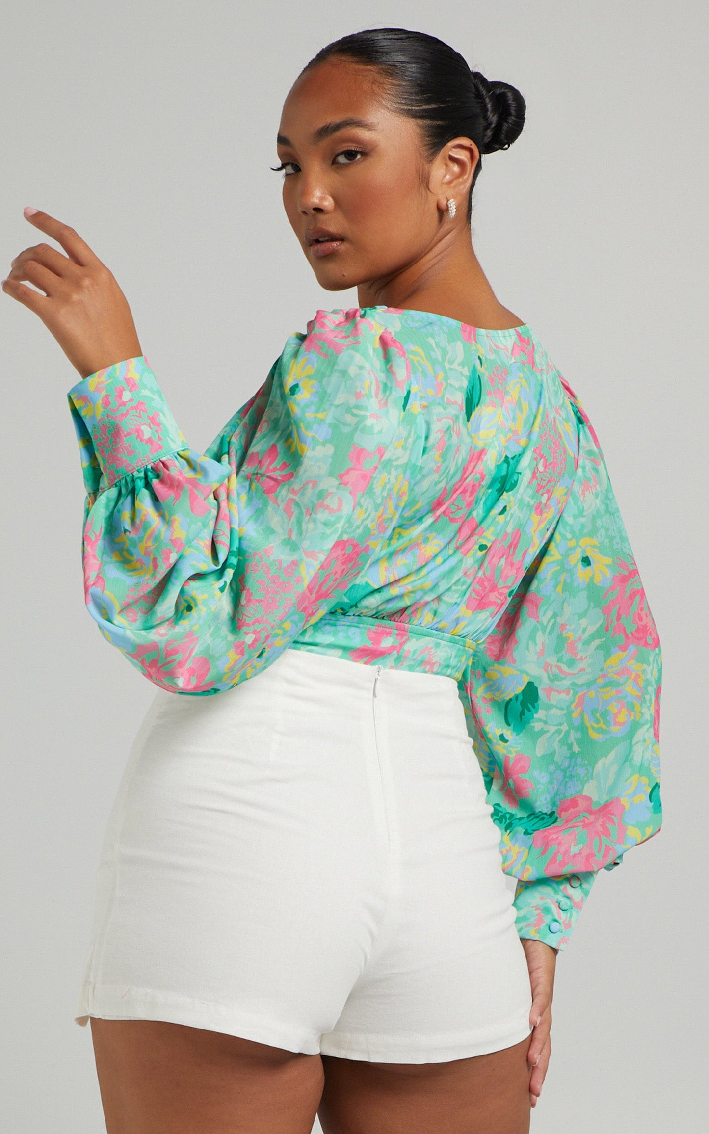 Mekila Long Sleeve Button Up Top in Neon Floral