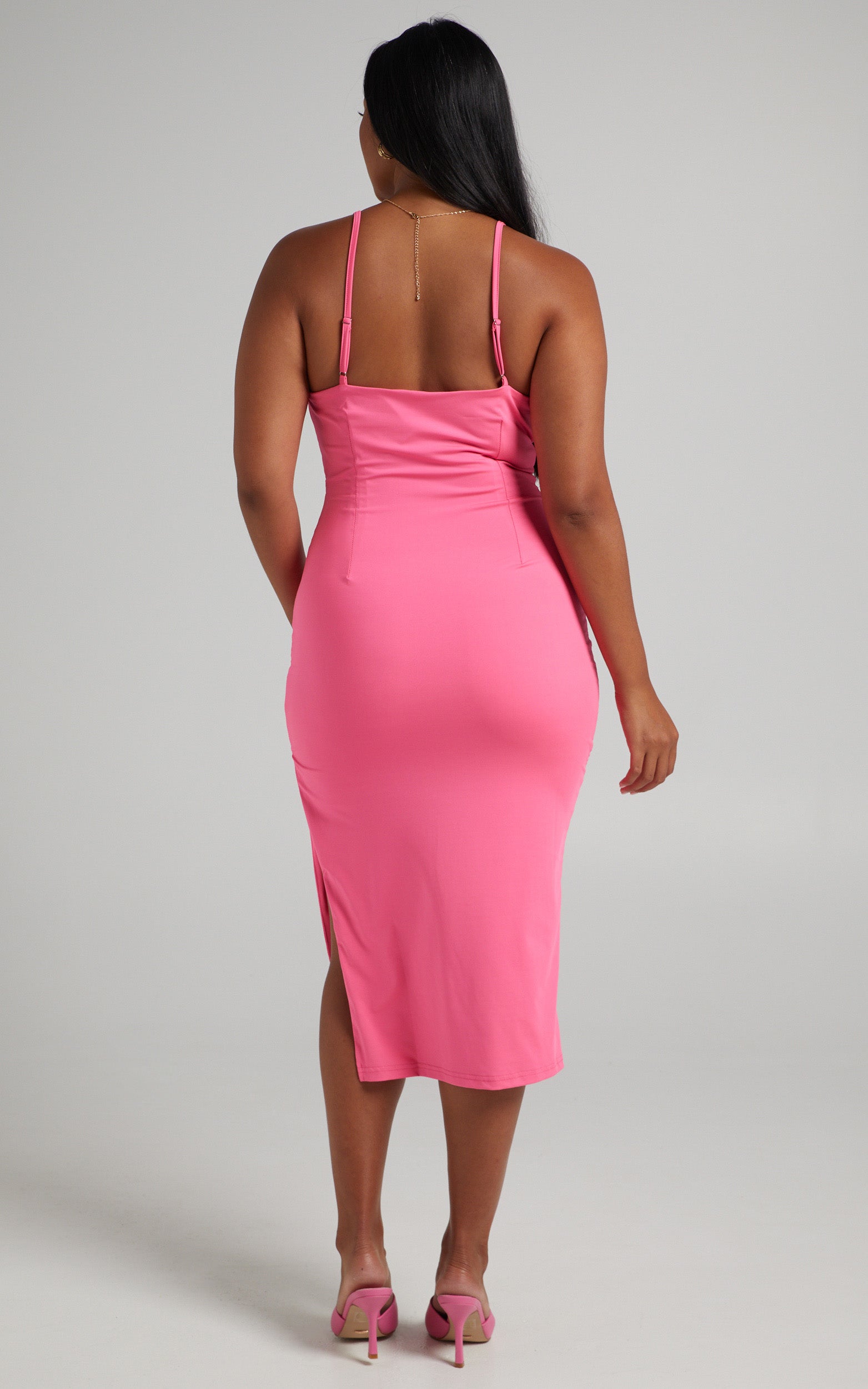 Amalee Midi Dress - Cowl Neck Slinky Dress in Pink