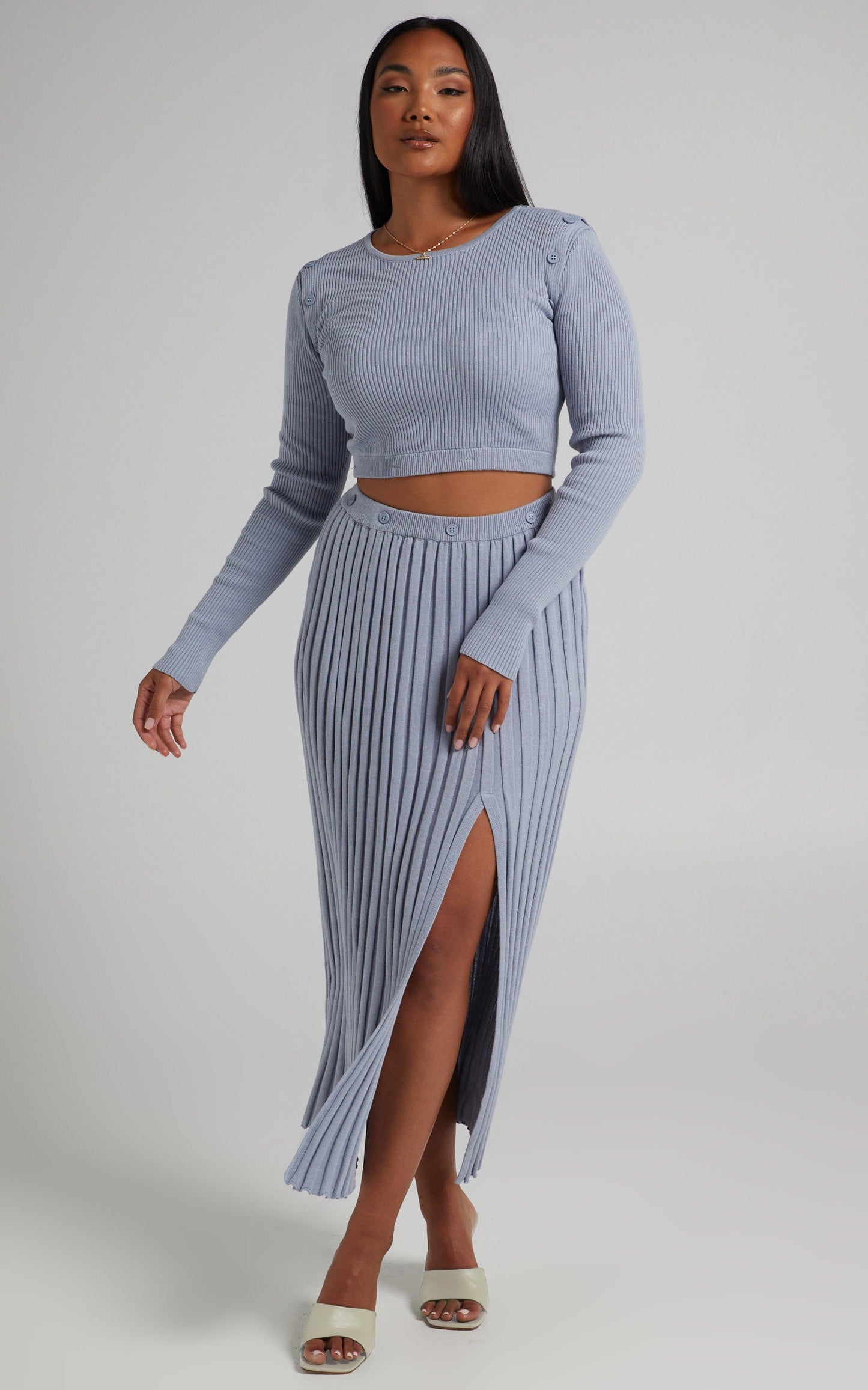Isador Top -  Button Detail Knit Top in Steel Blue