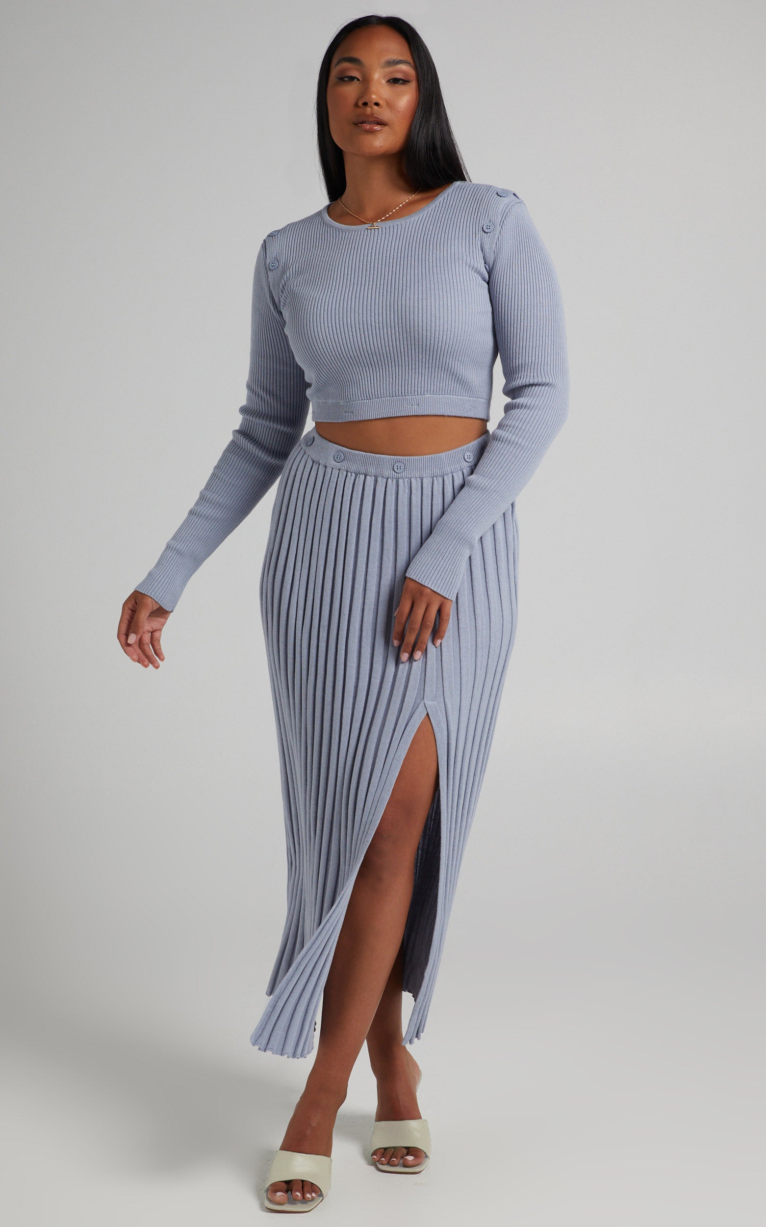 Isador Top -  Button Detail Knit Top in Steel Blue