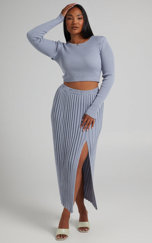 Isador Midi Knit Skirt in Steel Blue
