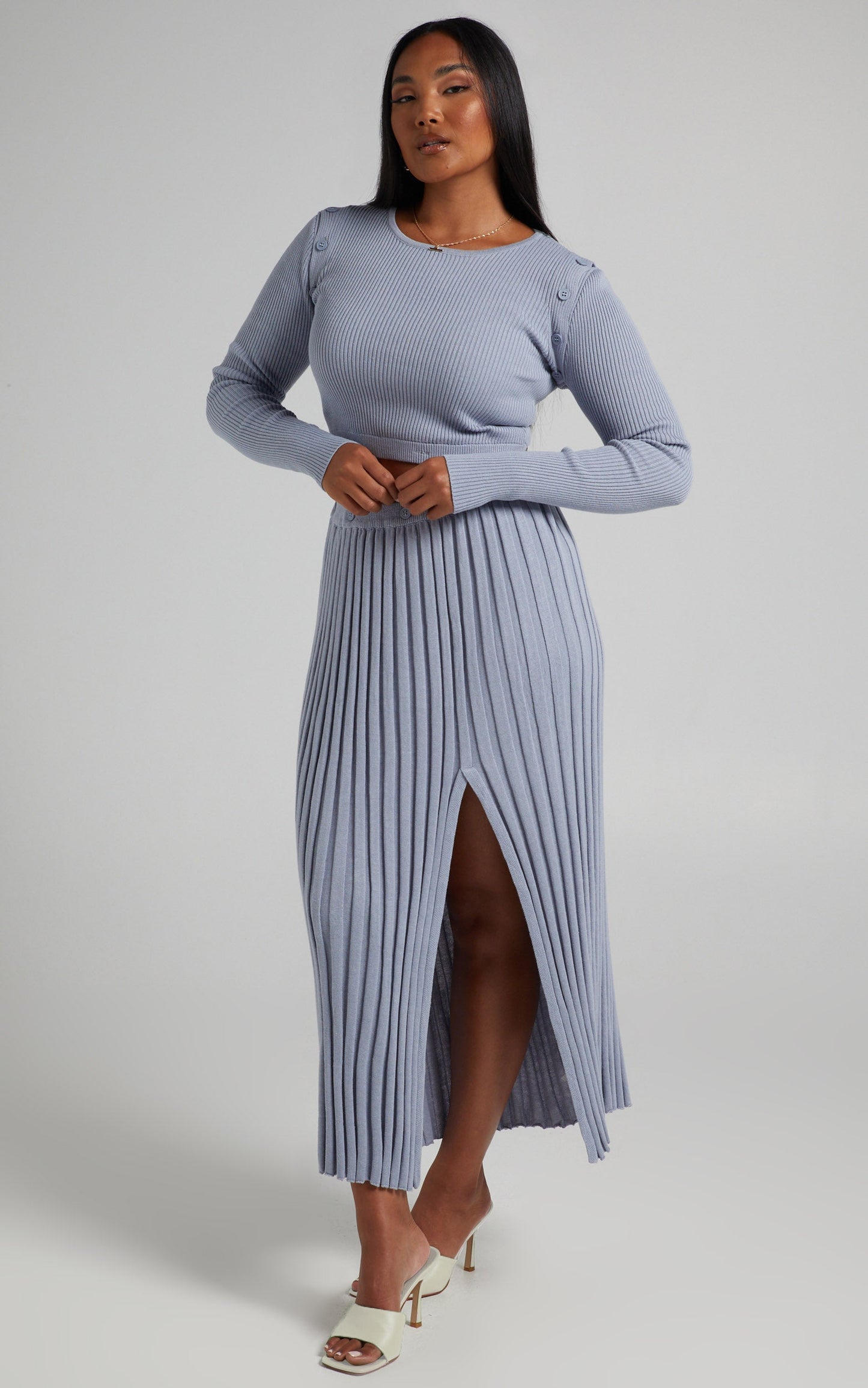 Isador Midi Knit Skirt in Steel Blue