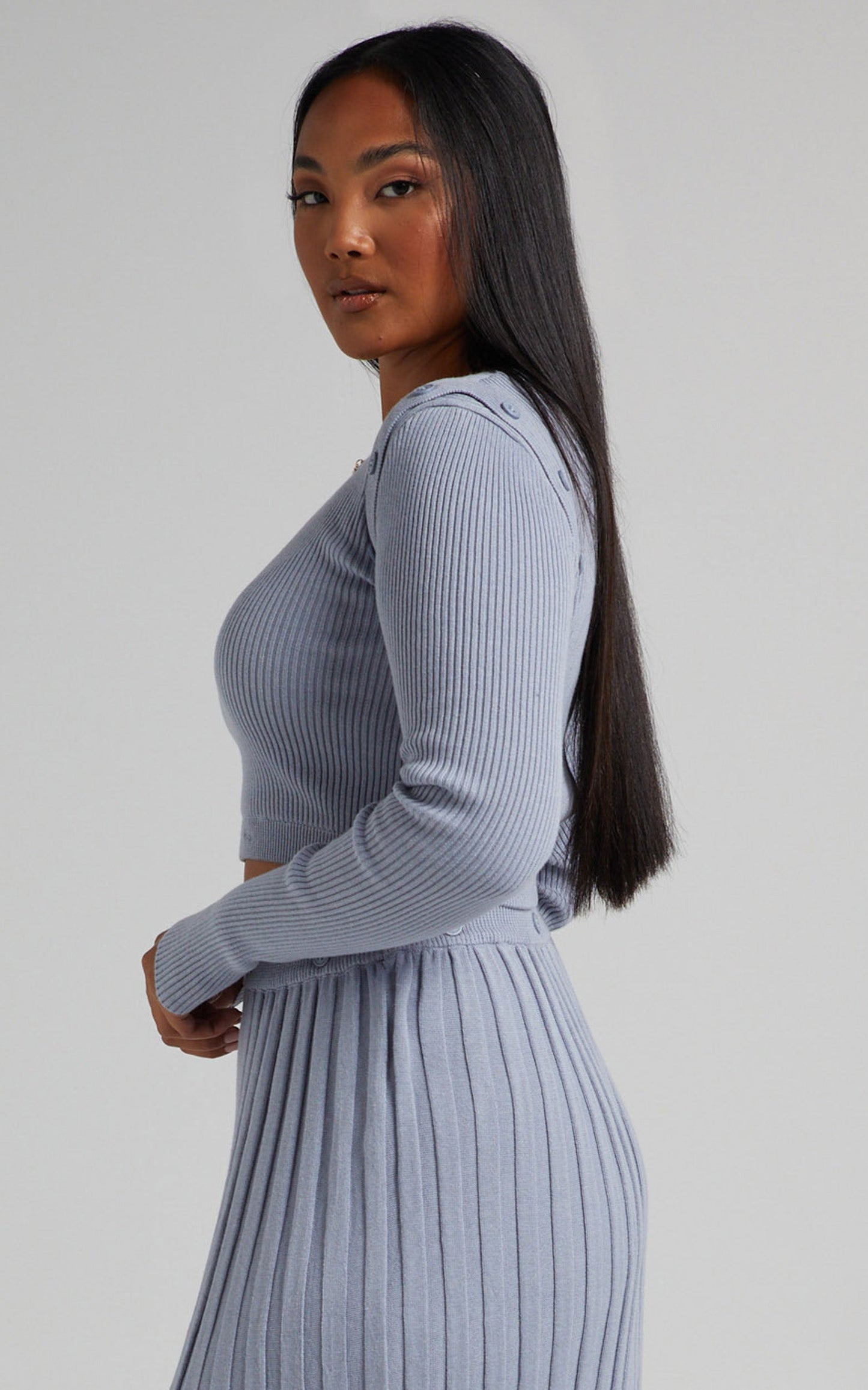 Isador Top -  Button Detail Knit Top in Steel Blue