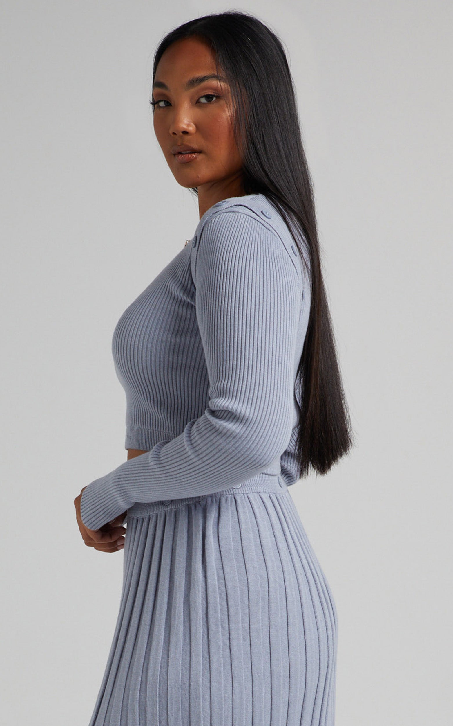 Isador Top -  Button Detail Knit Top in Steel Blue