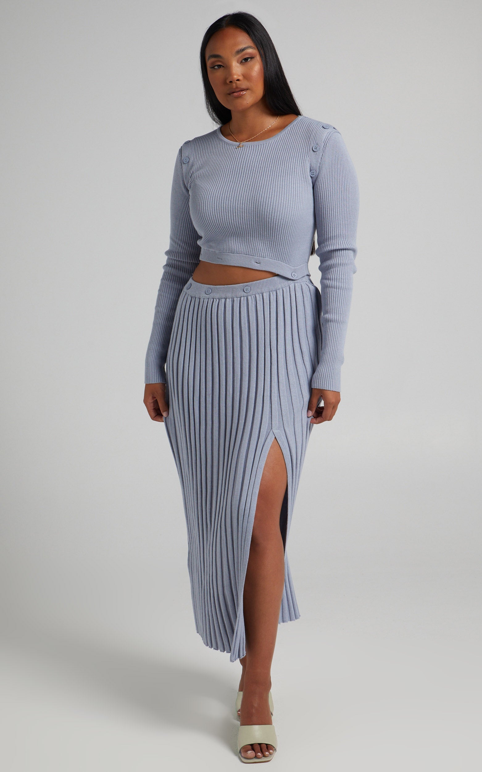 Isador Top -  Button Detail Knit Top in Steel Blue