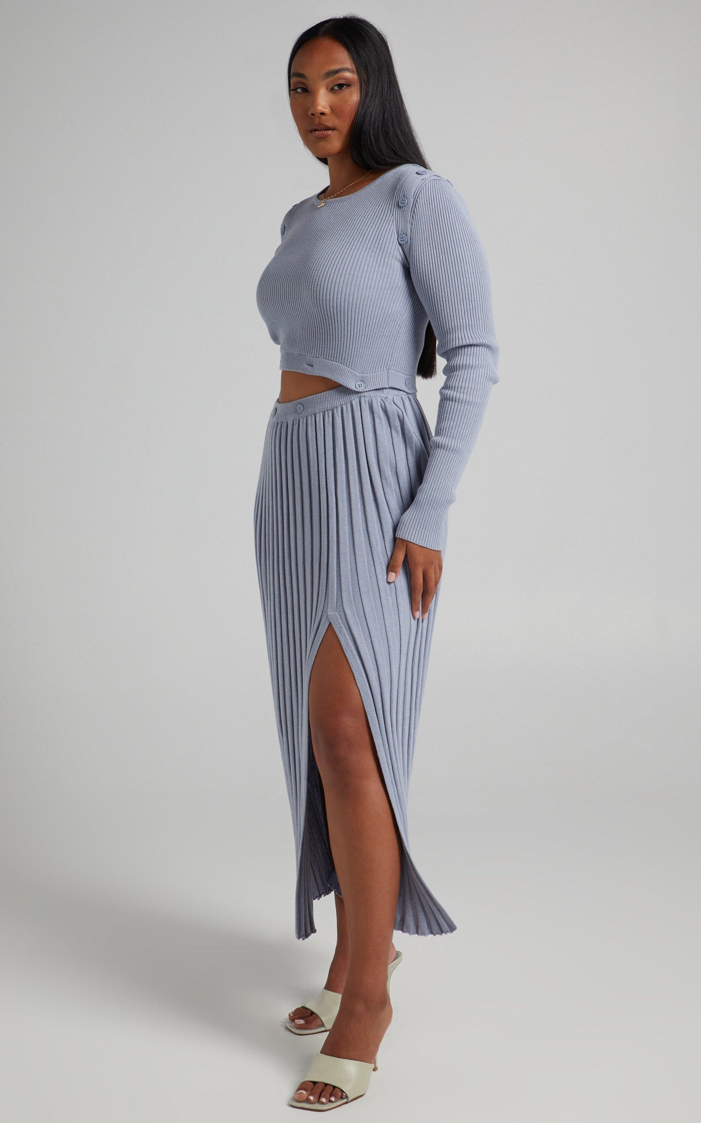 Isador Top -  Button Detail Knit Top in Steel Blue
