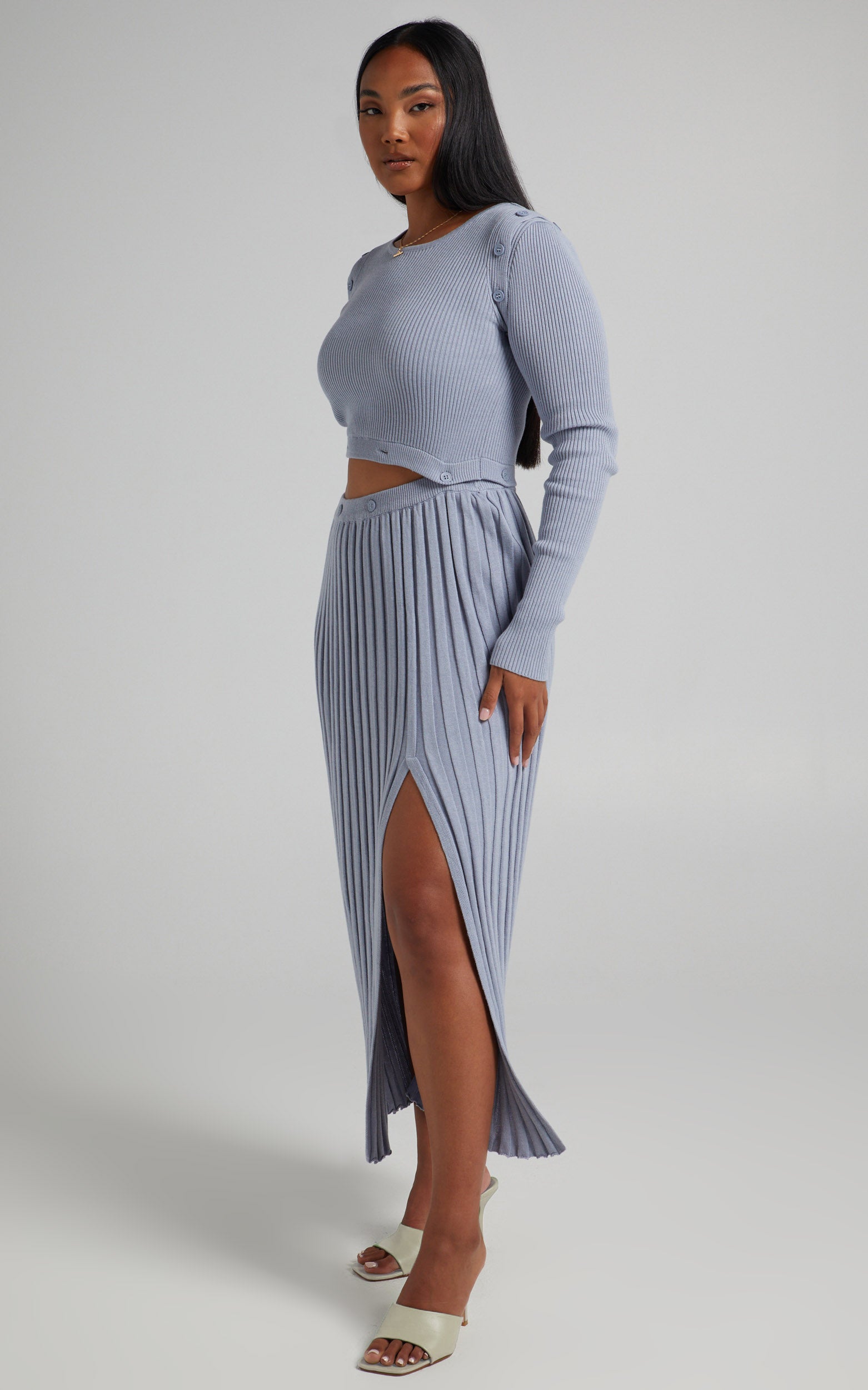 Isador Top -  Button Detail Knit Top in Steel Blue