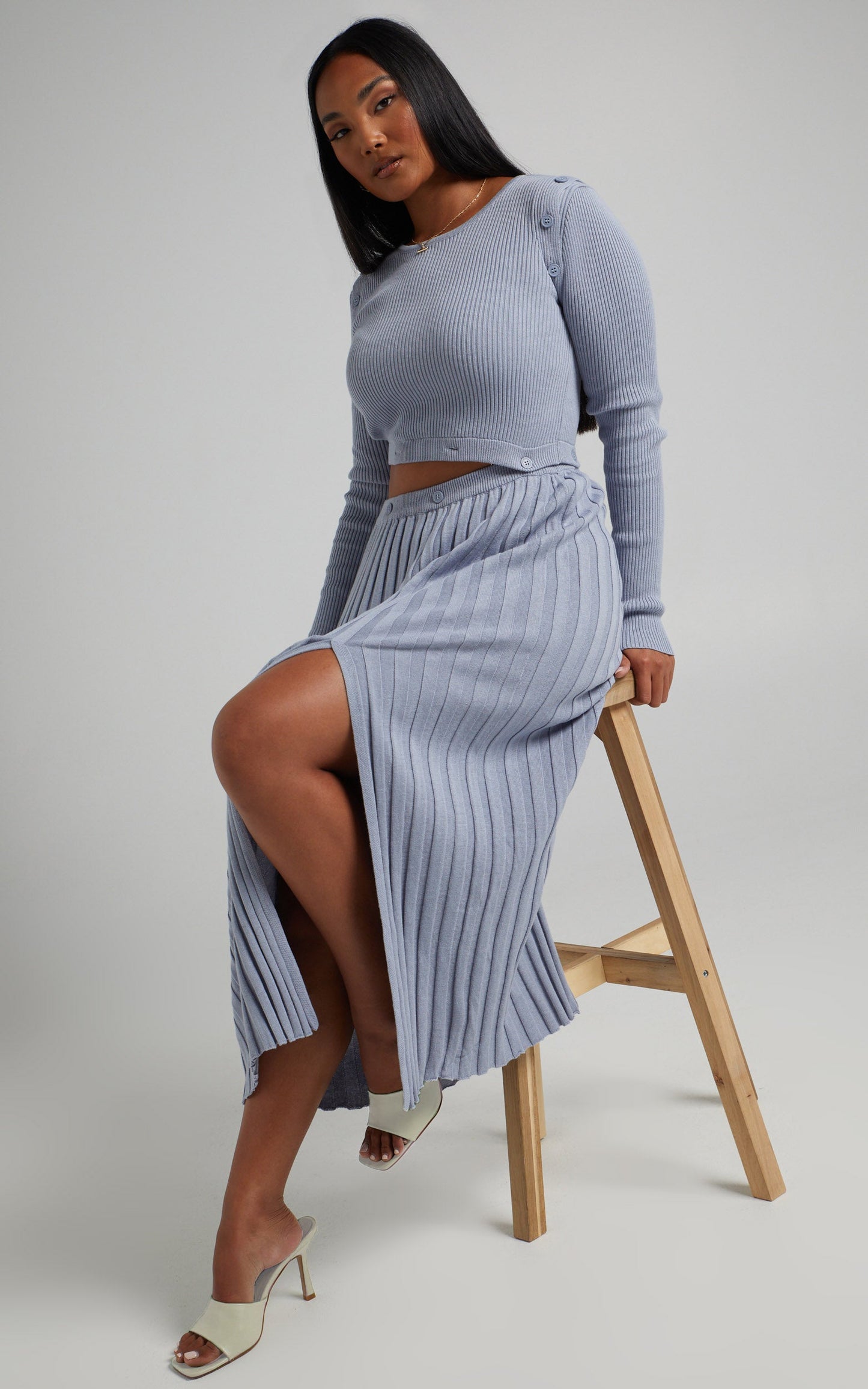 Isador Midi Knit Skirt in Steel Blue