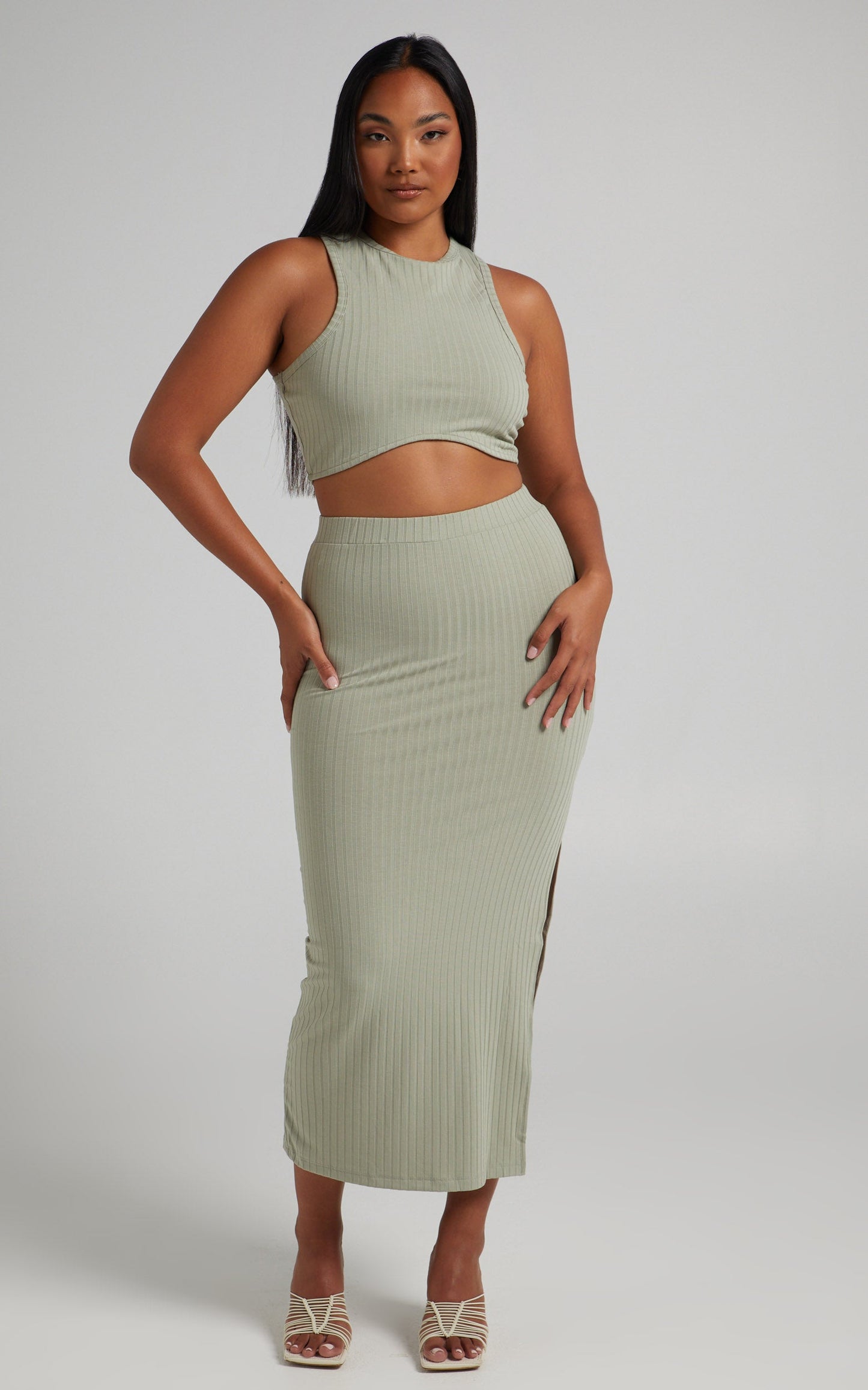 Dayla Ribbed Crop Top and Side Split Midi Skirt Two Piece Set in Sage