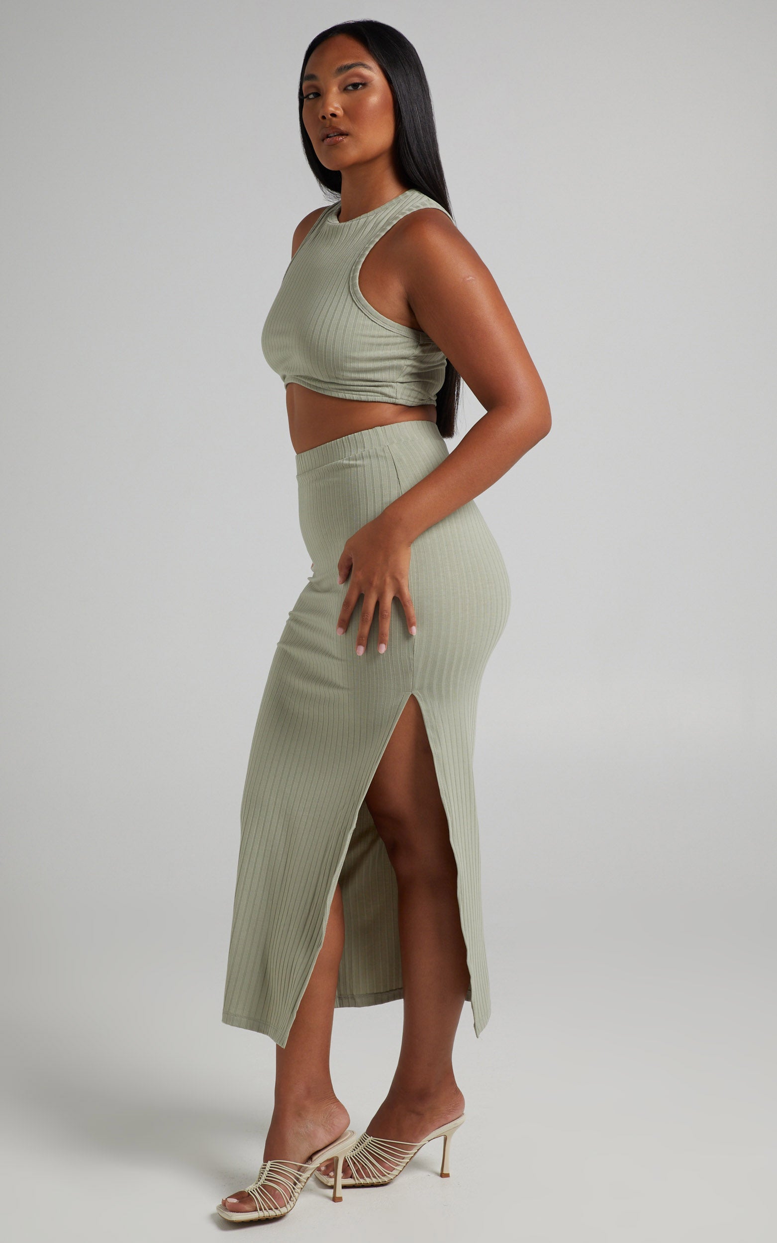 Dayla Ribbed Crop Top and Side Split Midi Skirt Two Piece Set in Sage
