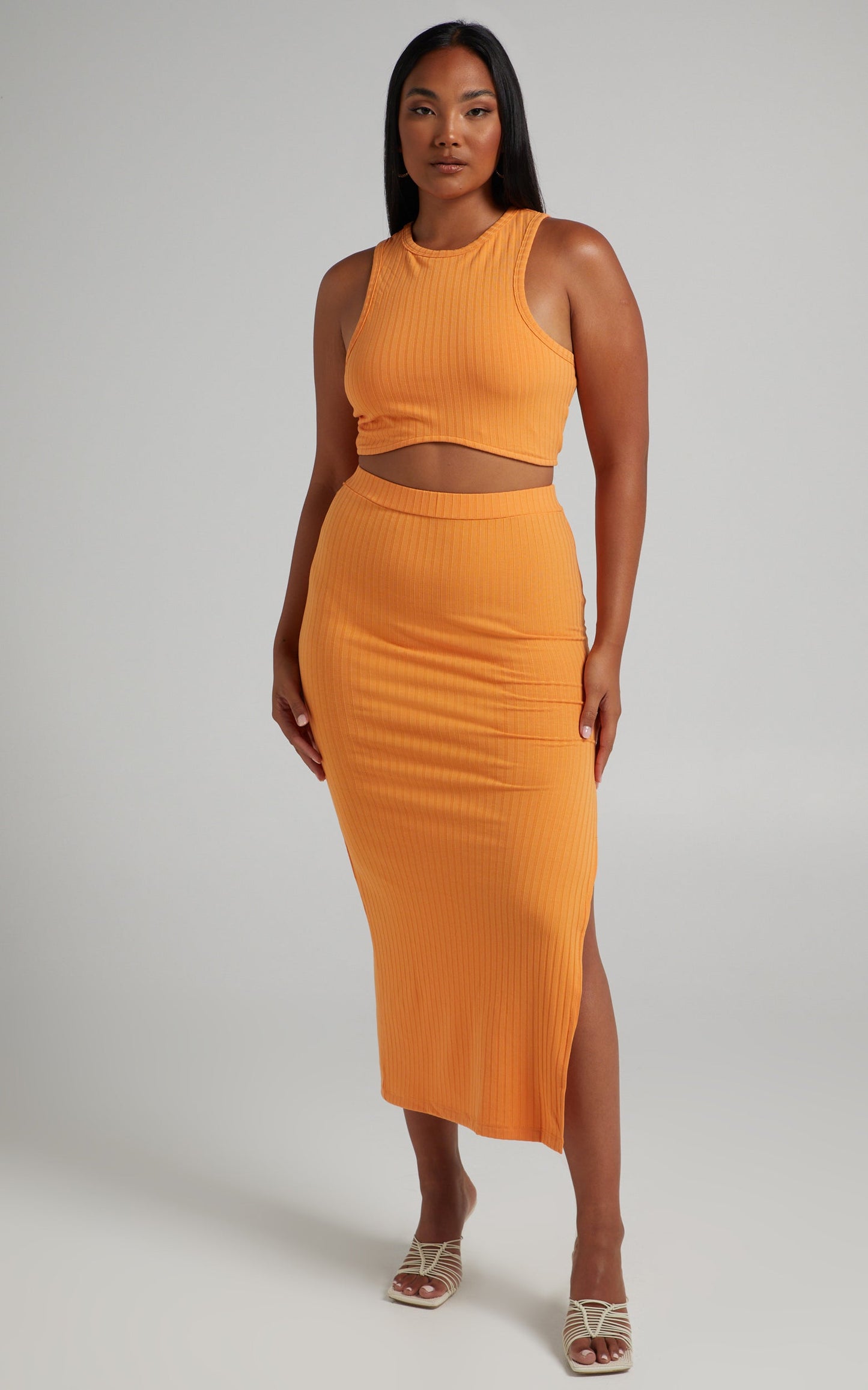 Dayla Ribbed Crop Top and Side Split Midi Skirt Two Piece Set in Sherbet