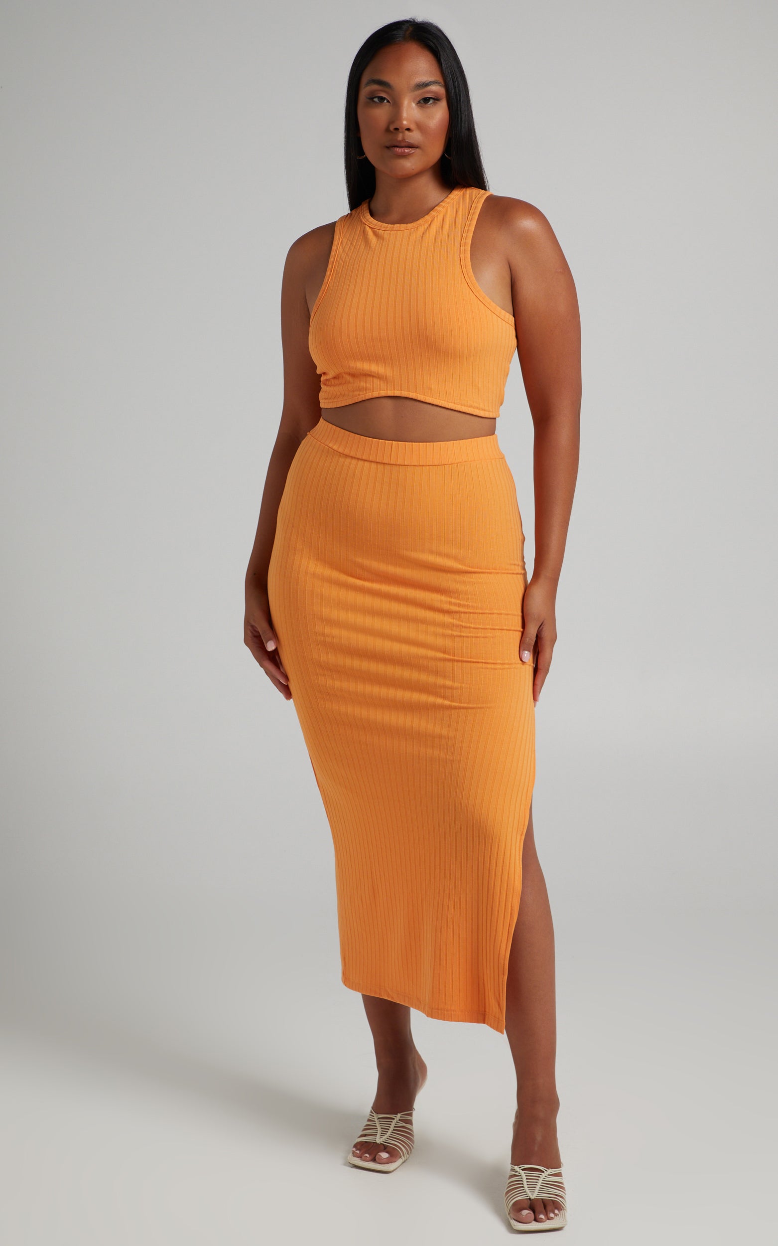 Dayla Ribbed Crop Top and Side Split Midi Skirt Two Piece Set in Sherbet