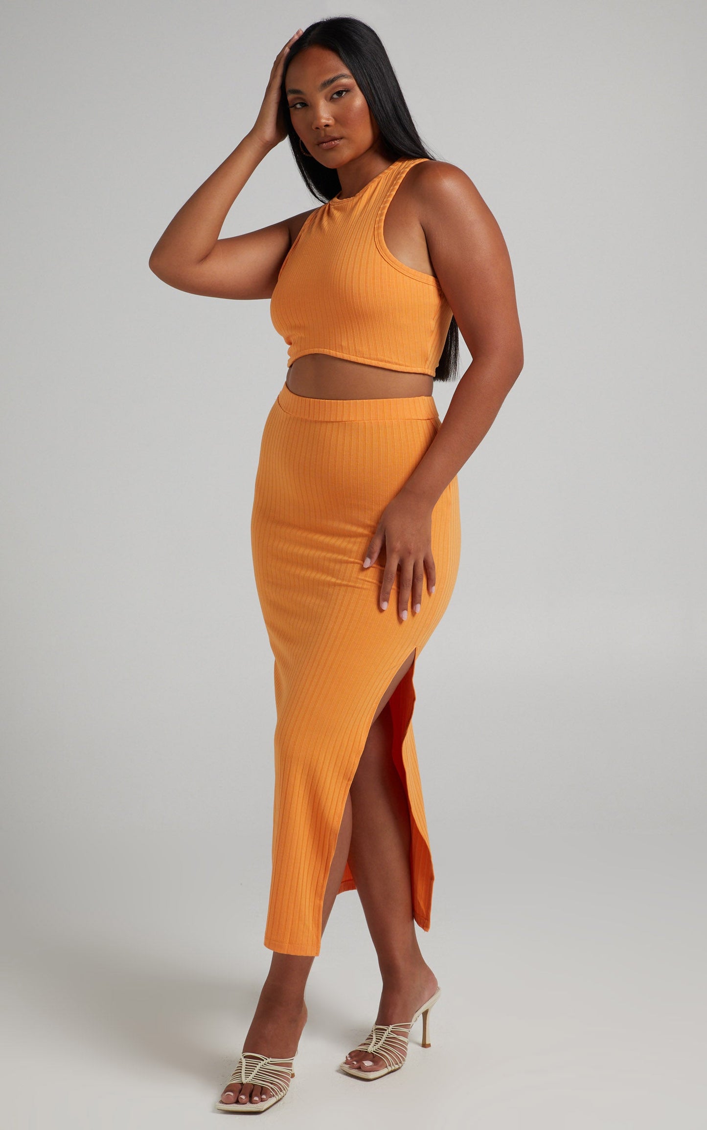 Dayla Ribbed Crop Top and Side Split Midi Skirt Two Piece Set in Sherbet