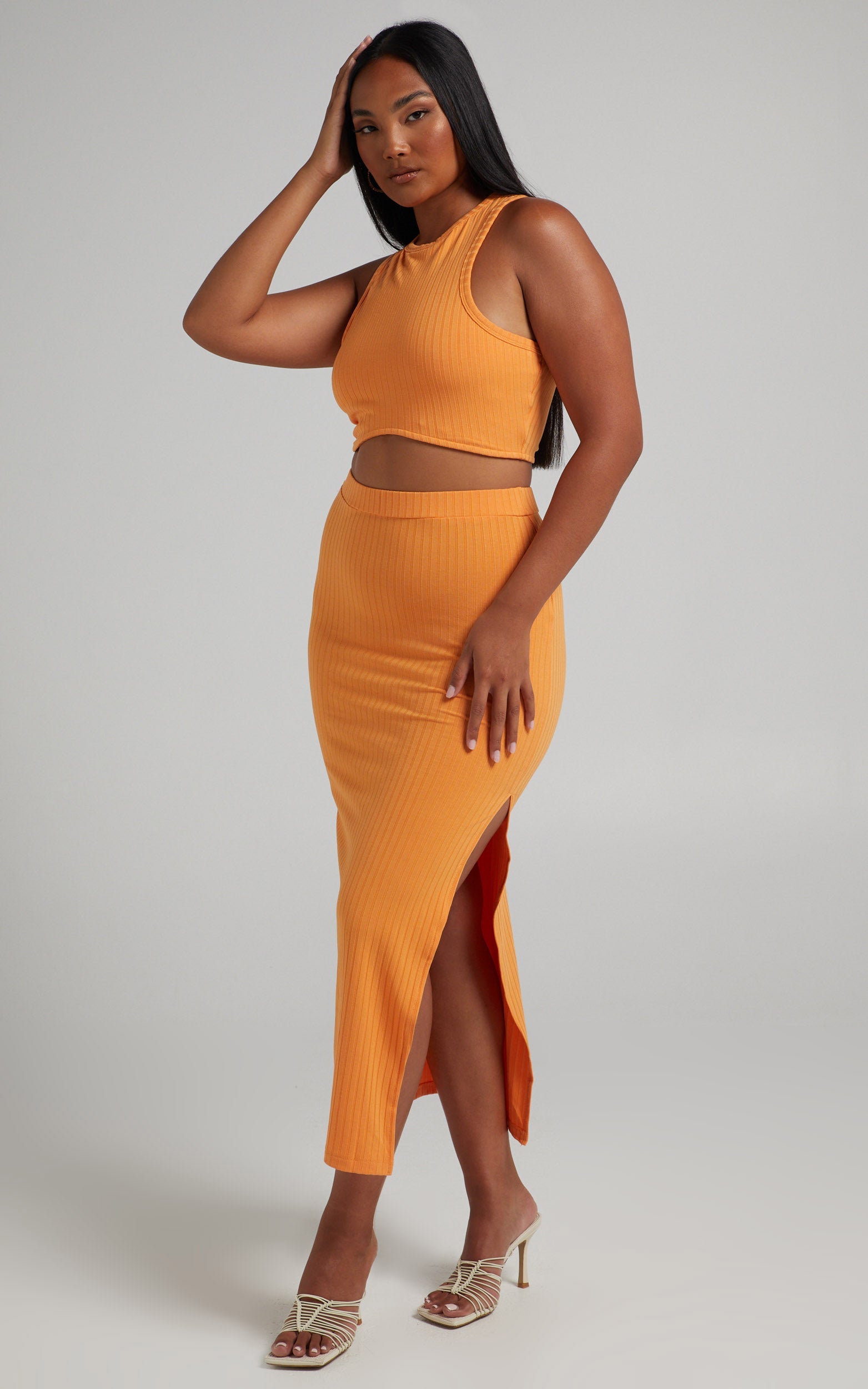 Dayla Ribbed Crop Top and Side Split Midi Skirt Two Piece Set in Sherbet