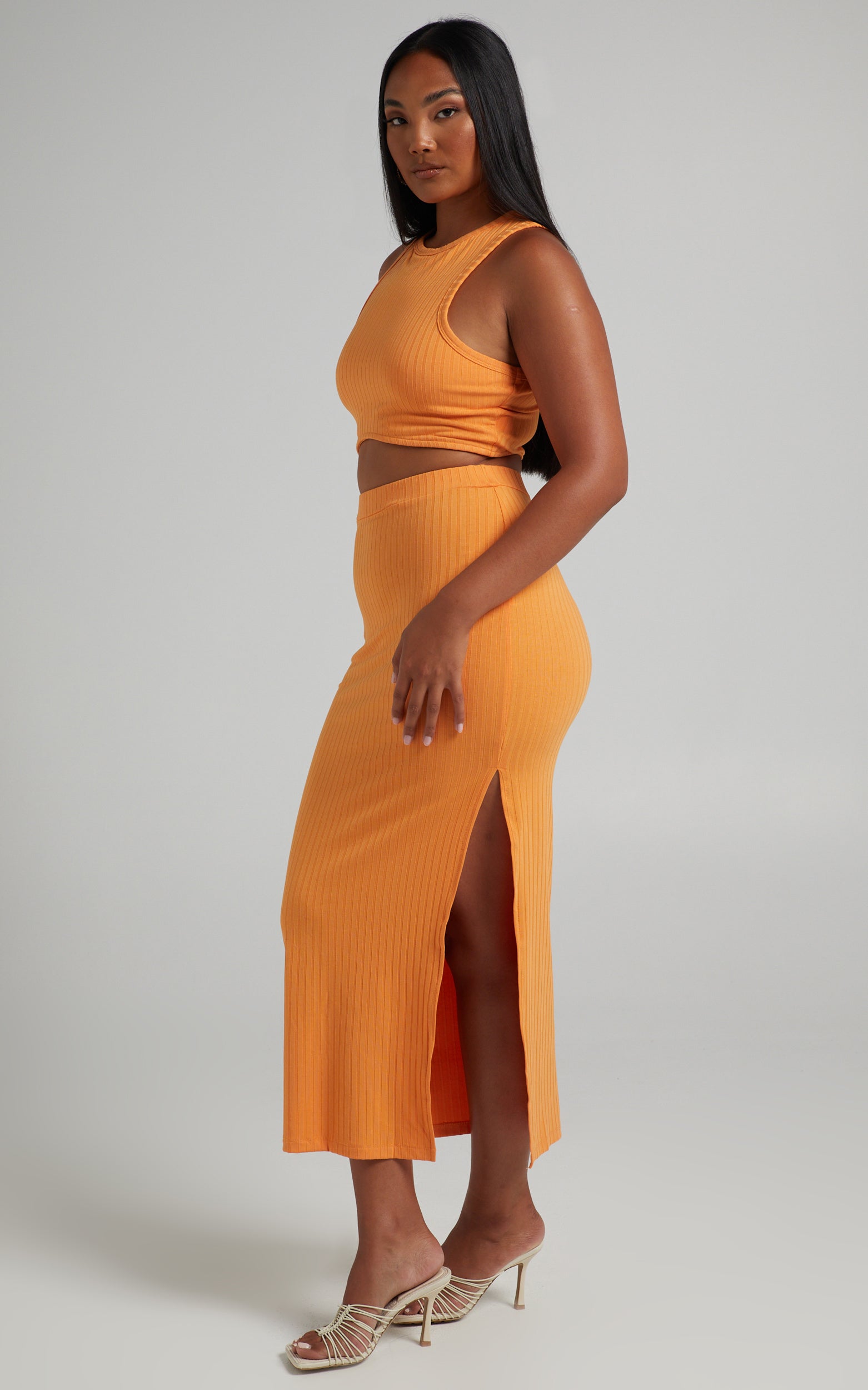 Dayla Ribbed Crop Top and Side Split Midi Skirt Two Piece Set in Sherbet