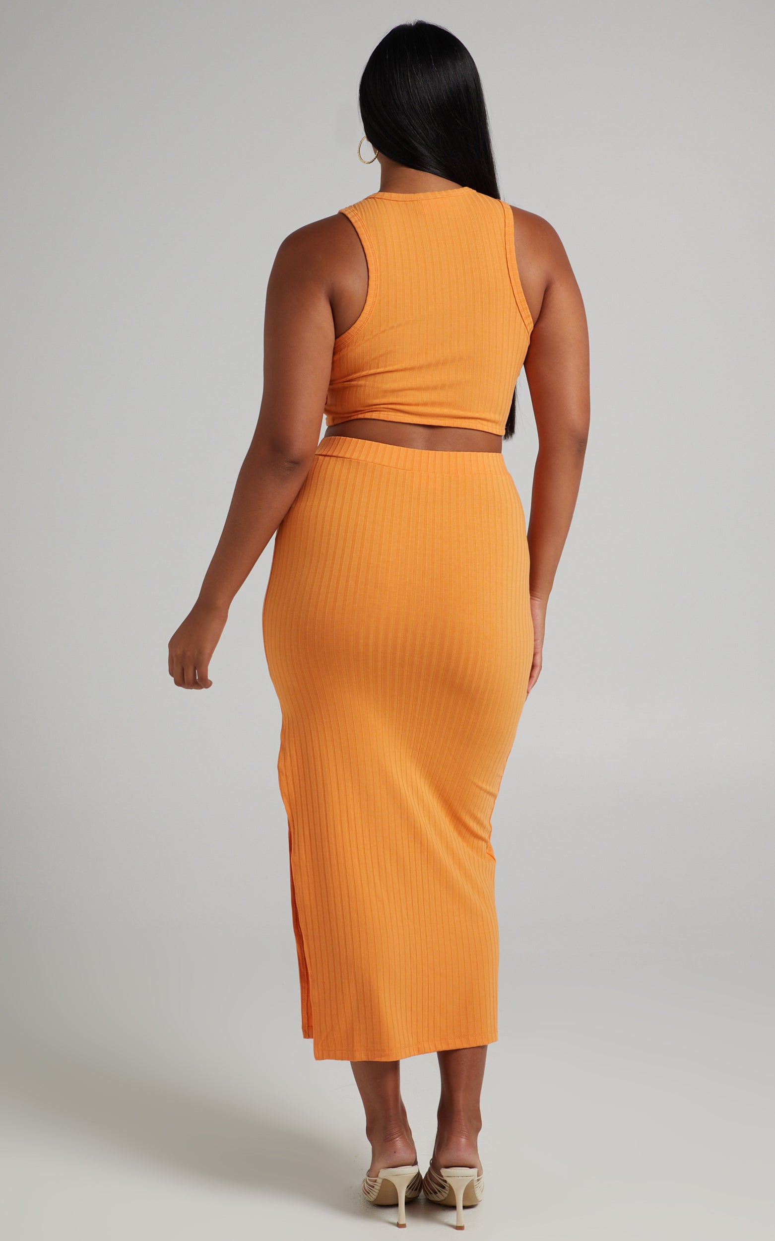 Dayla Ribbed Crop Top and Side Split Midi Skirt Two Piece Set in Sherbet