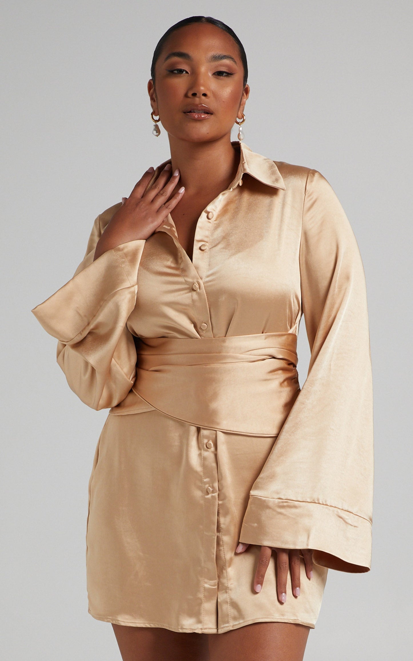 Hadid Mini Dress - Button Down Waist Tie Shirt Dress in Champagne