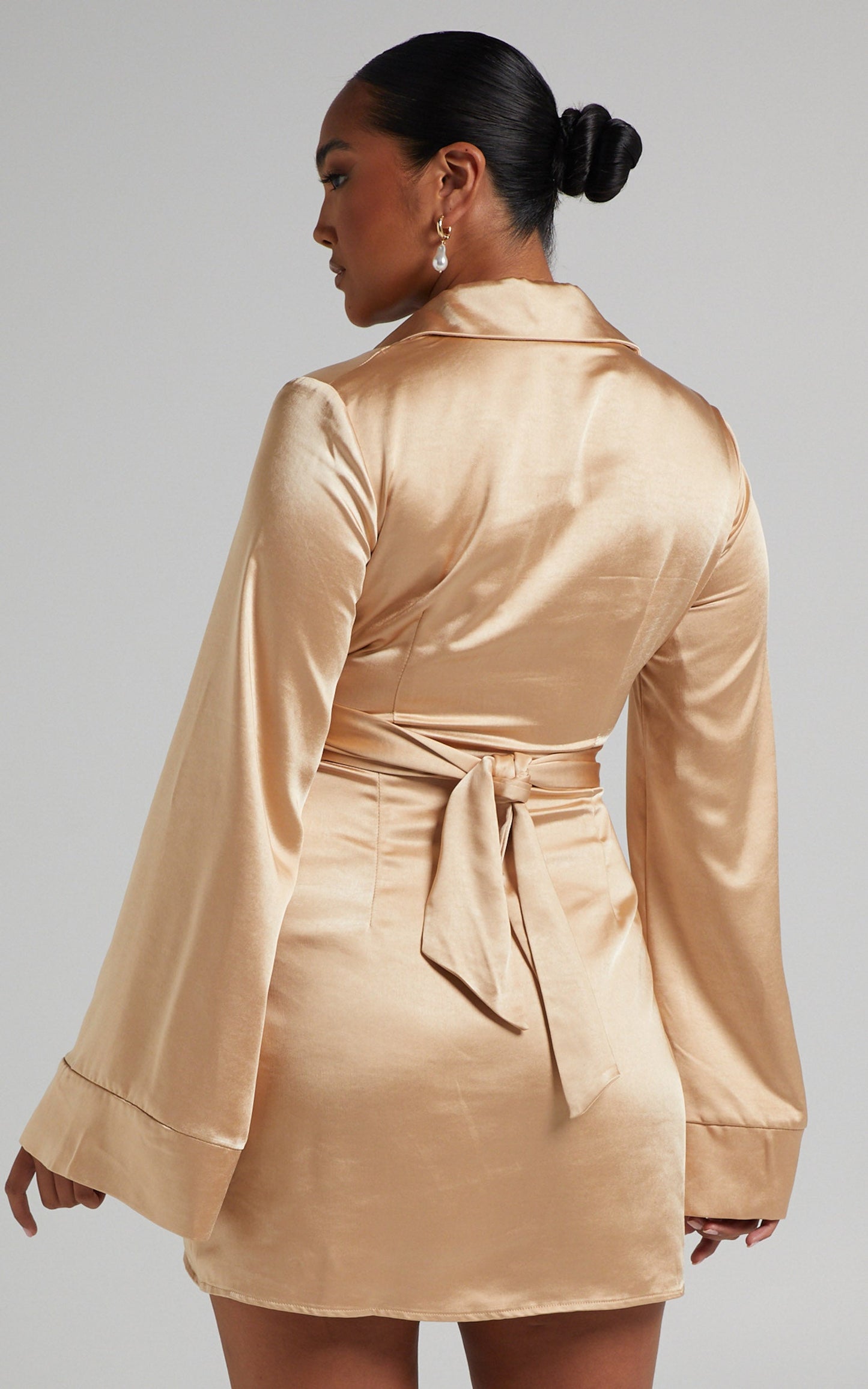 Hadid Mini Dress - Button Down Waist Tie Shirt Dress in Champagne