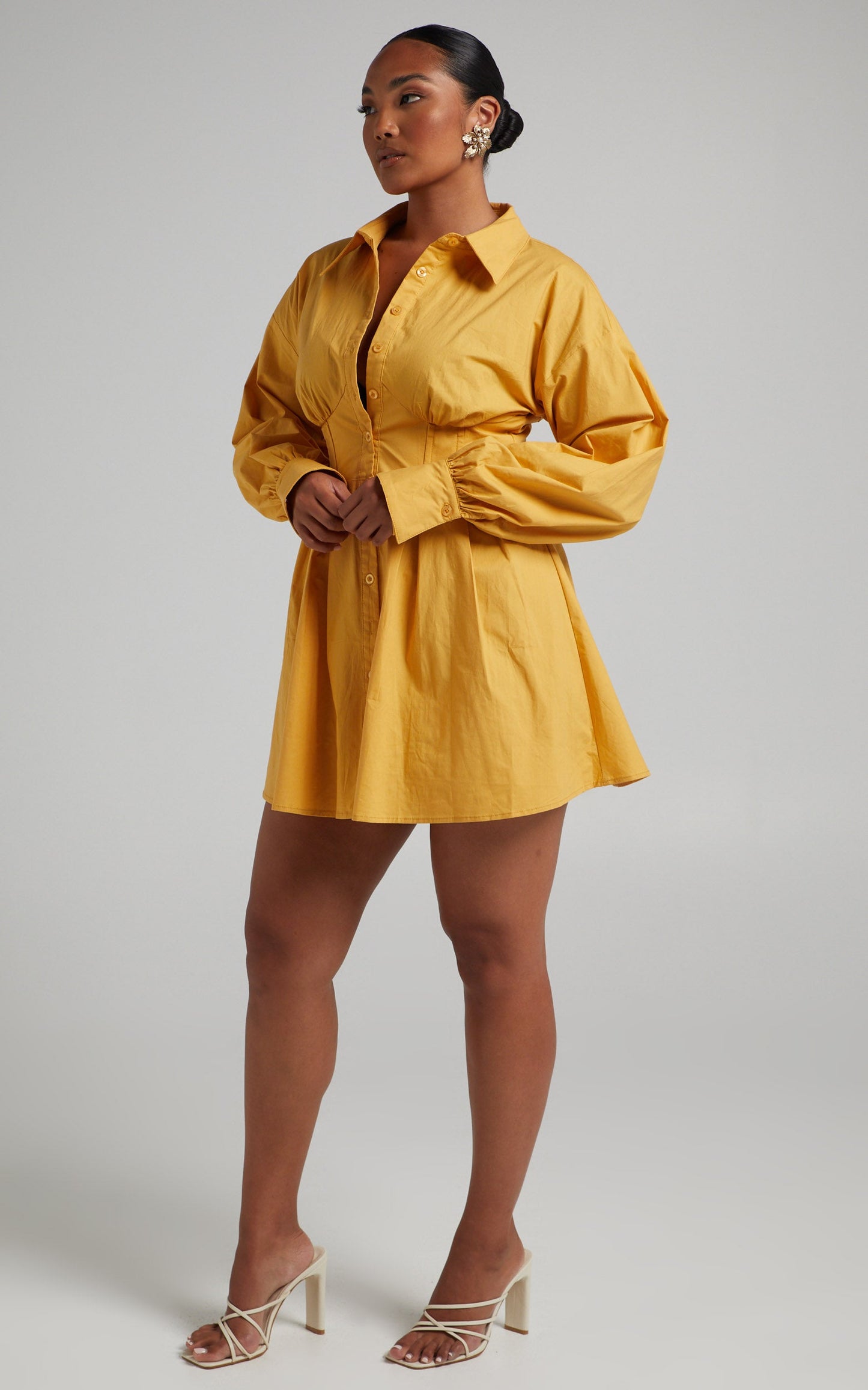 Claudette Mini Dress - Long Sleeve Corset Shirt Dress in Mustard