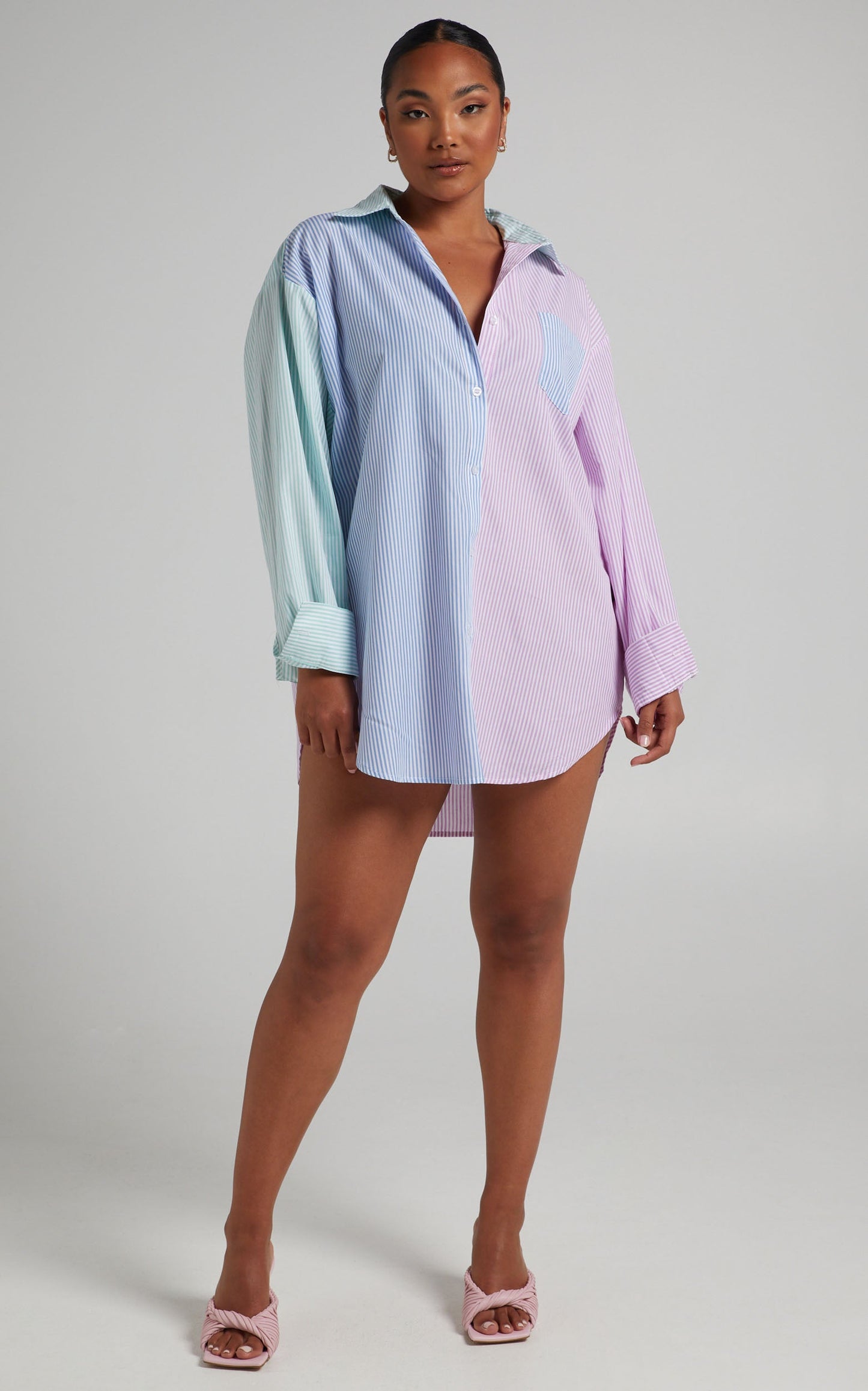Autumn Shirt - Contrast Stripe Oversized Shirt in LILAC AND BLUE