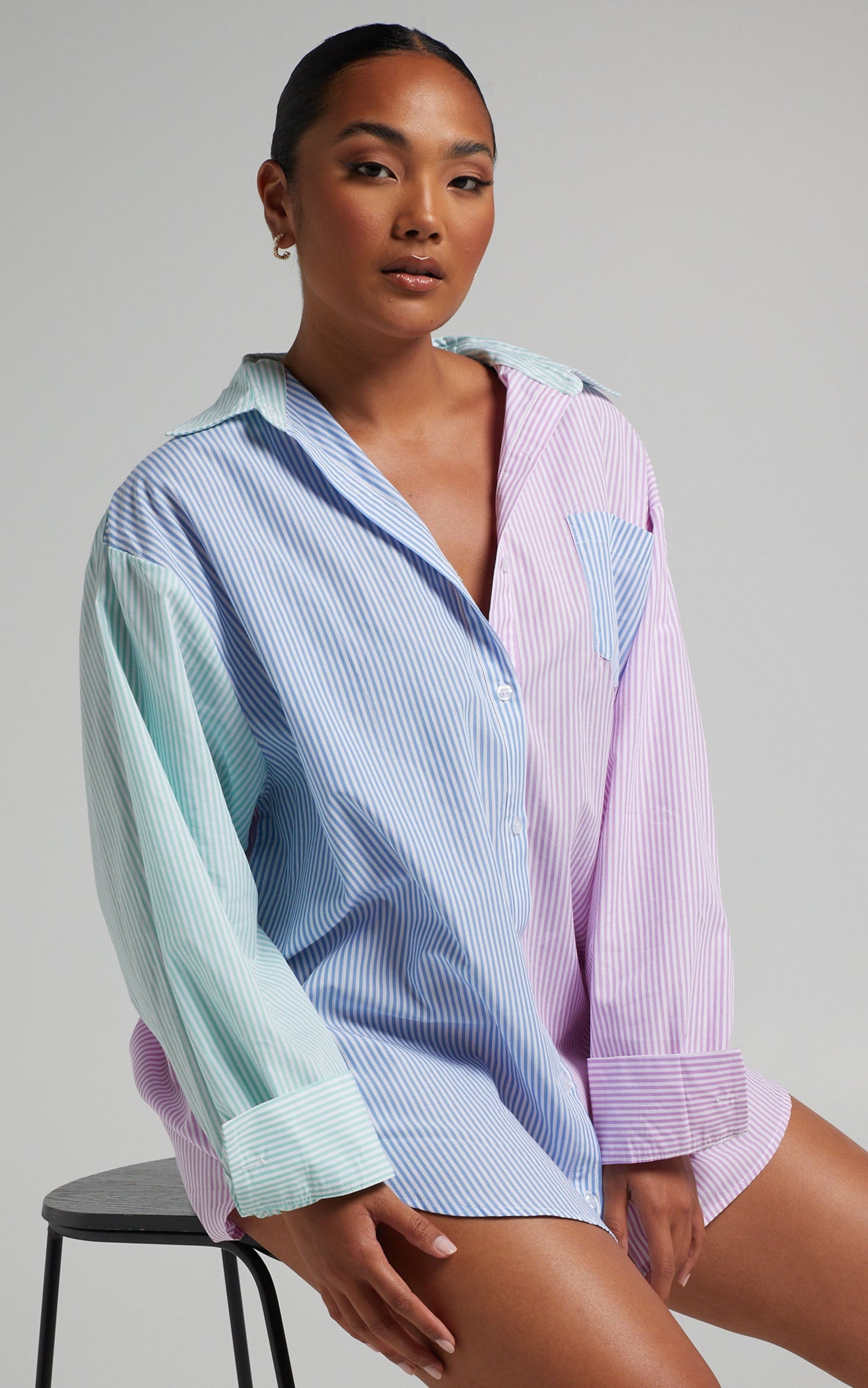 Autumn Shirt - Contrast Stripe Oversized Shirt in LILAC AND BLUE