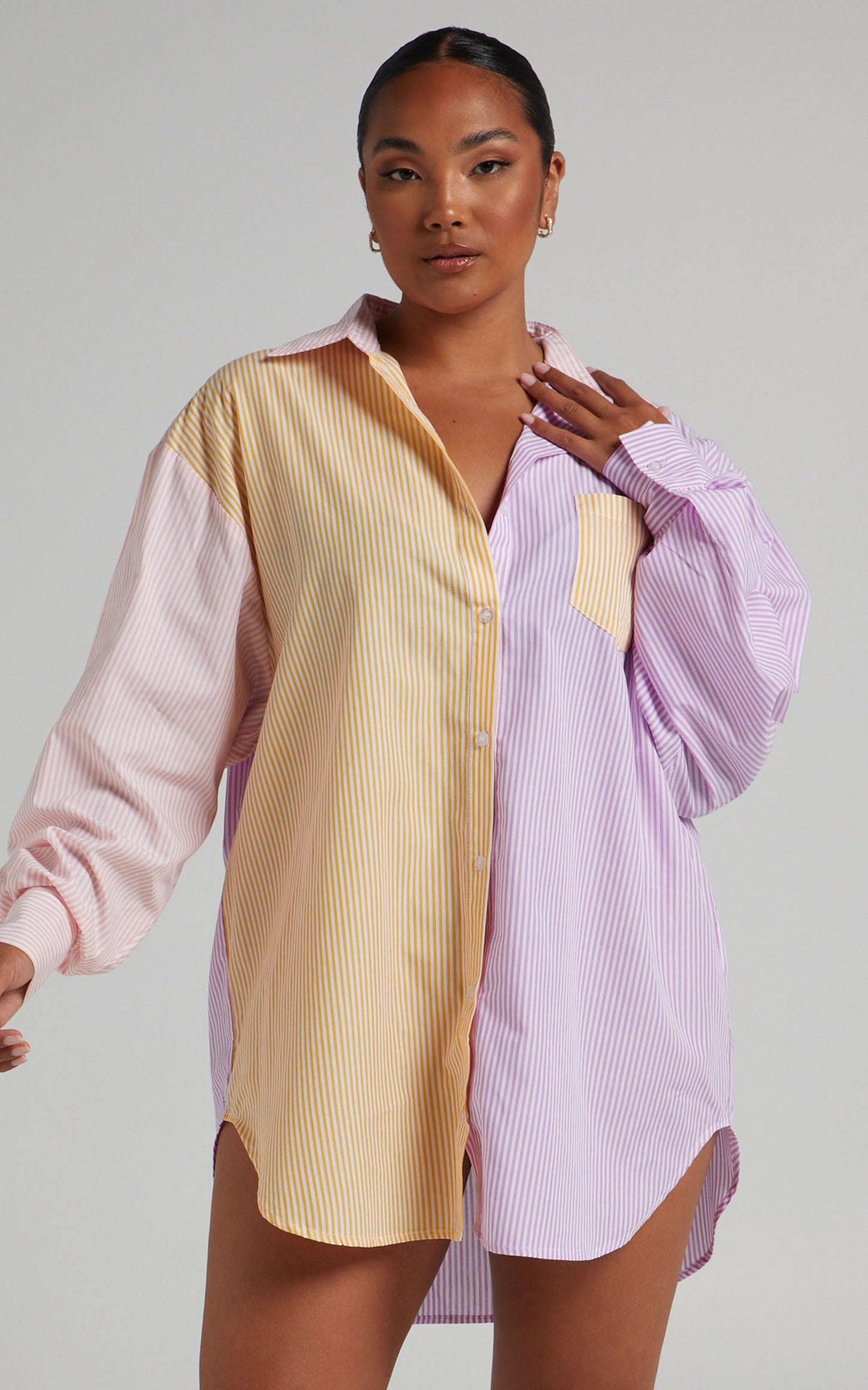 Autumn Shirt - Contrast Stripe Oversized Shirt in LEMON AND LILAC