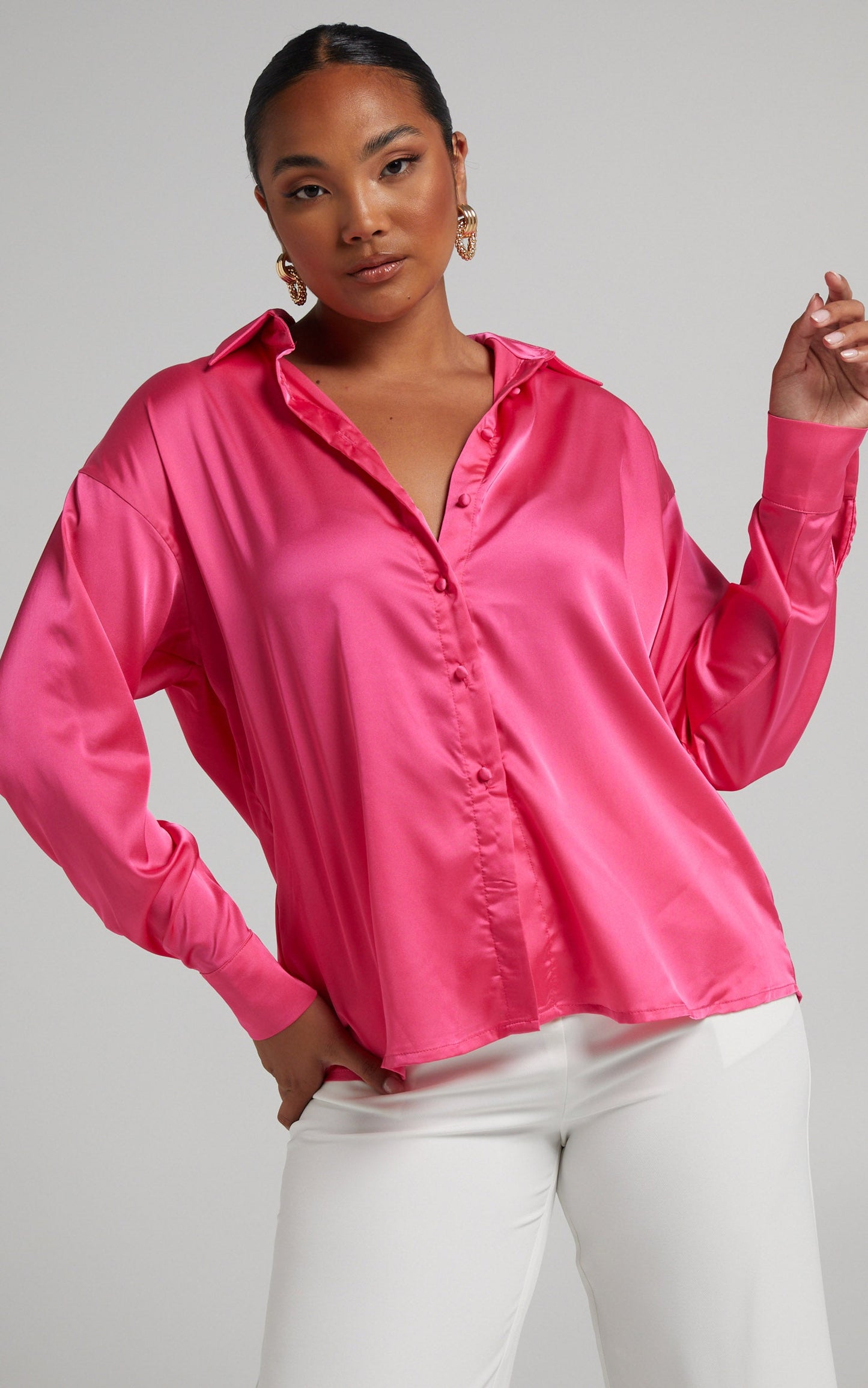 Blaze Shirt - Oversized Relaxed Shirt in Hot Pink Satin
