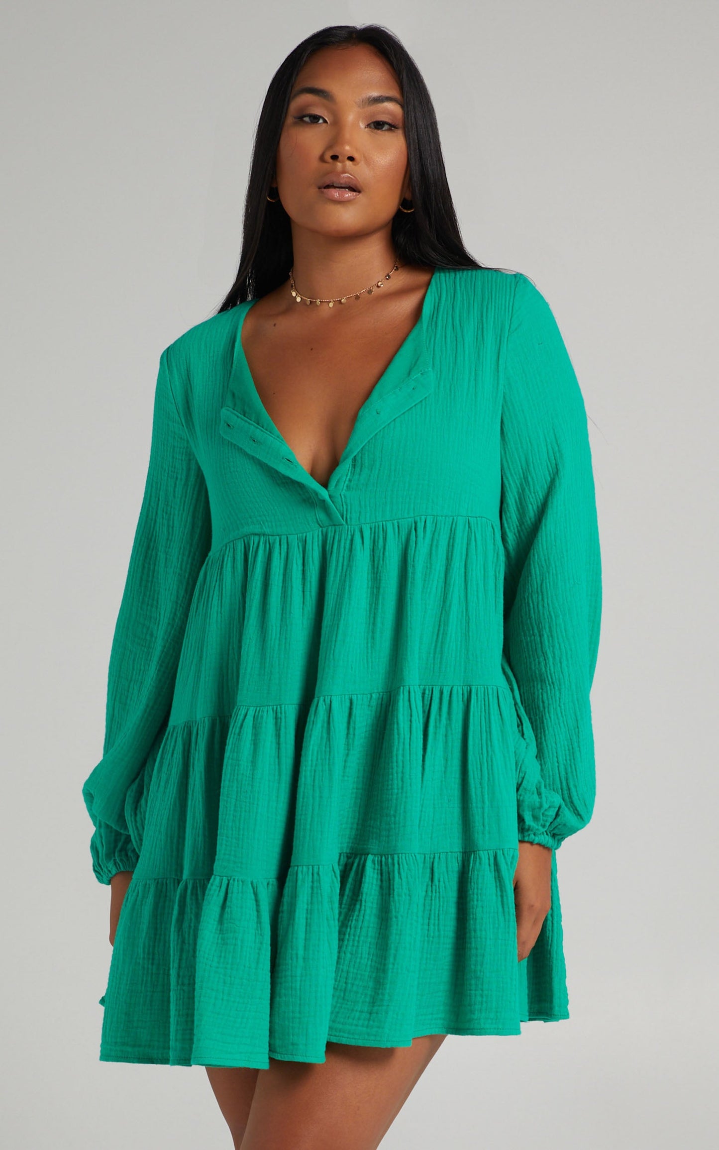 Amalia Mini Dress - Long Sleeve Smock Dress in Green
