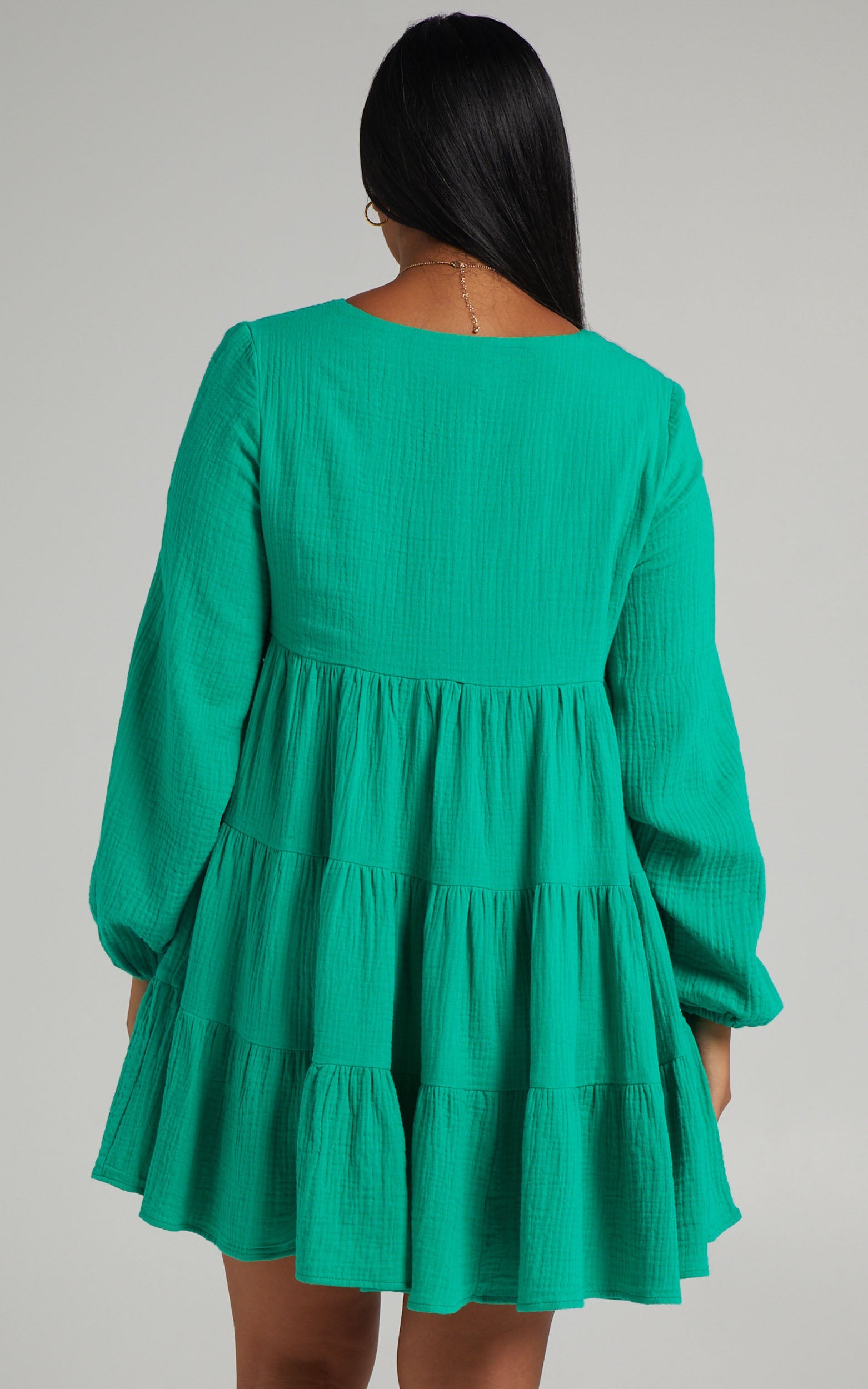 Amalia Mini Dress - Long Sleeve Smock Dress in Green