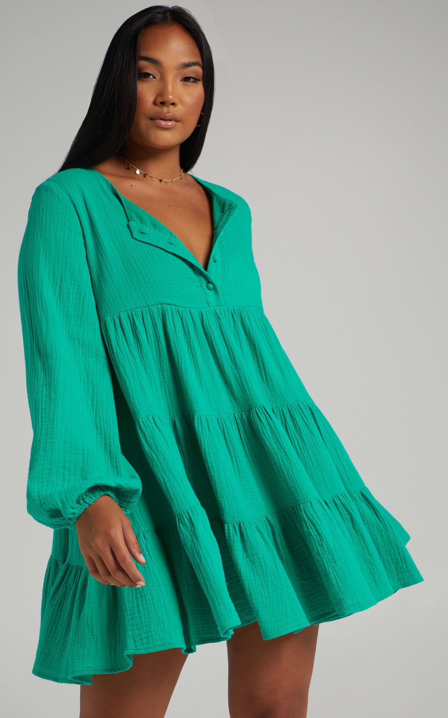 Amalia Mini Dress - Long Sleeve Smock Dress in Green