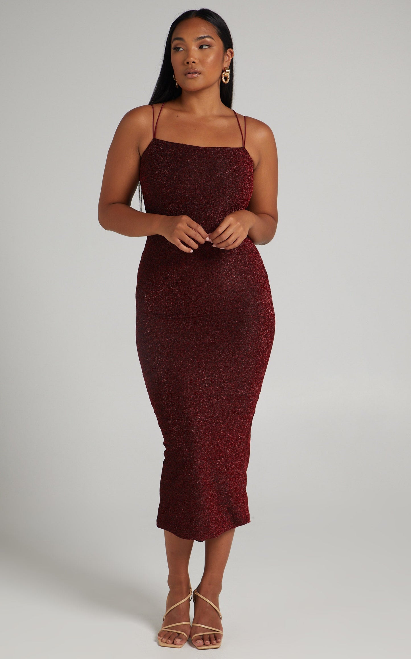 Starry Eyes Midi Dress - Bodycon Dress in Red Lurex