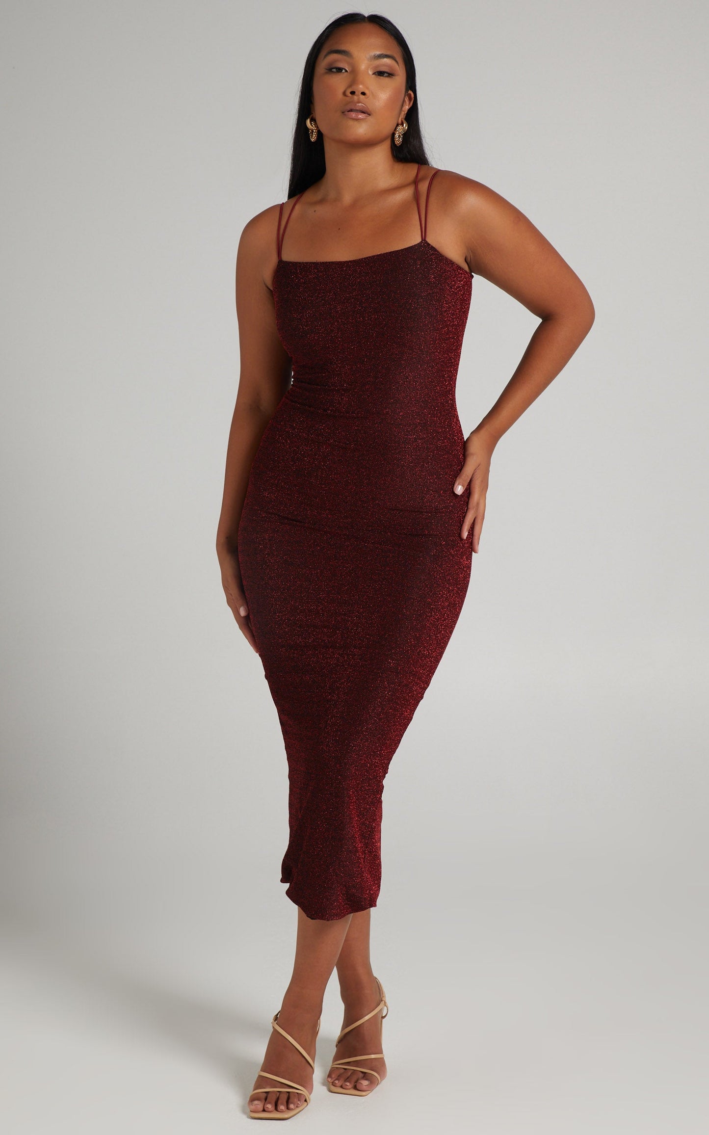 Starry Eyes Midi Dress - Bodycon Dress in Red Lurex