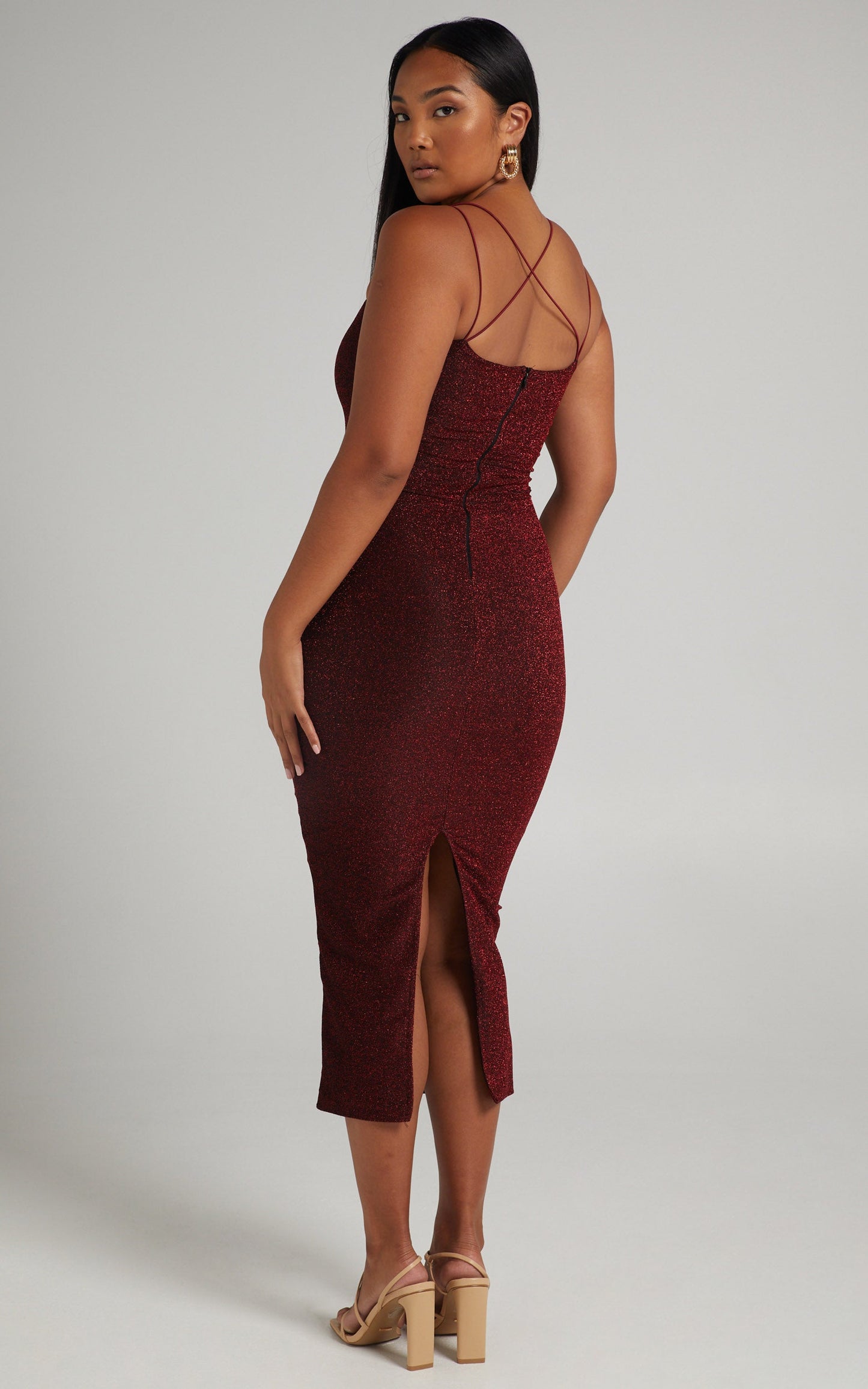 Starry Eyes Midi Dress - Bodycon Dress in Red Lurex