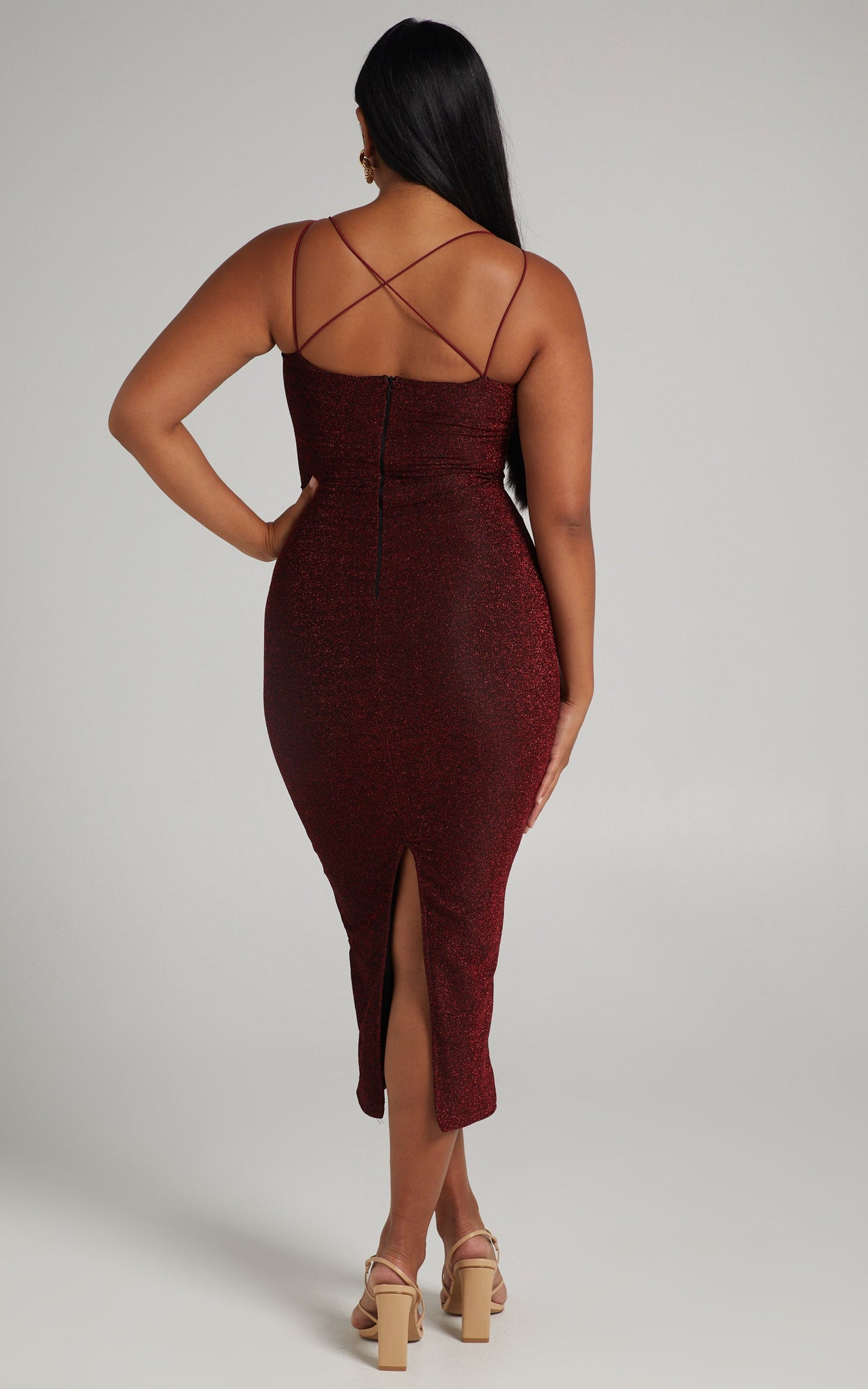 Starry Eyes Midi Dress - Bodycon Dress in Red Lurex