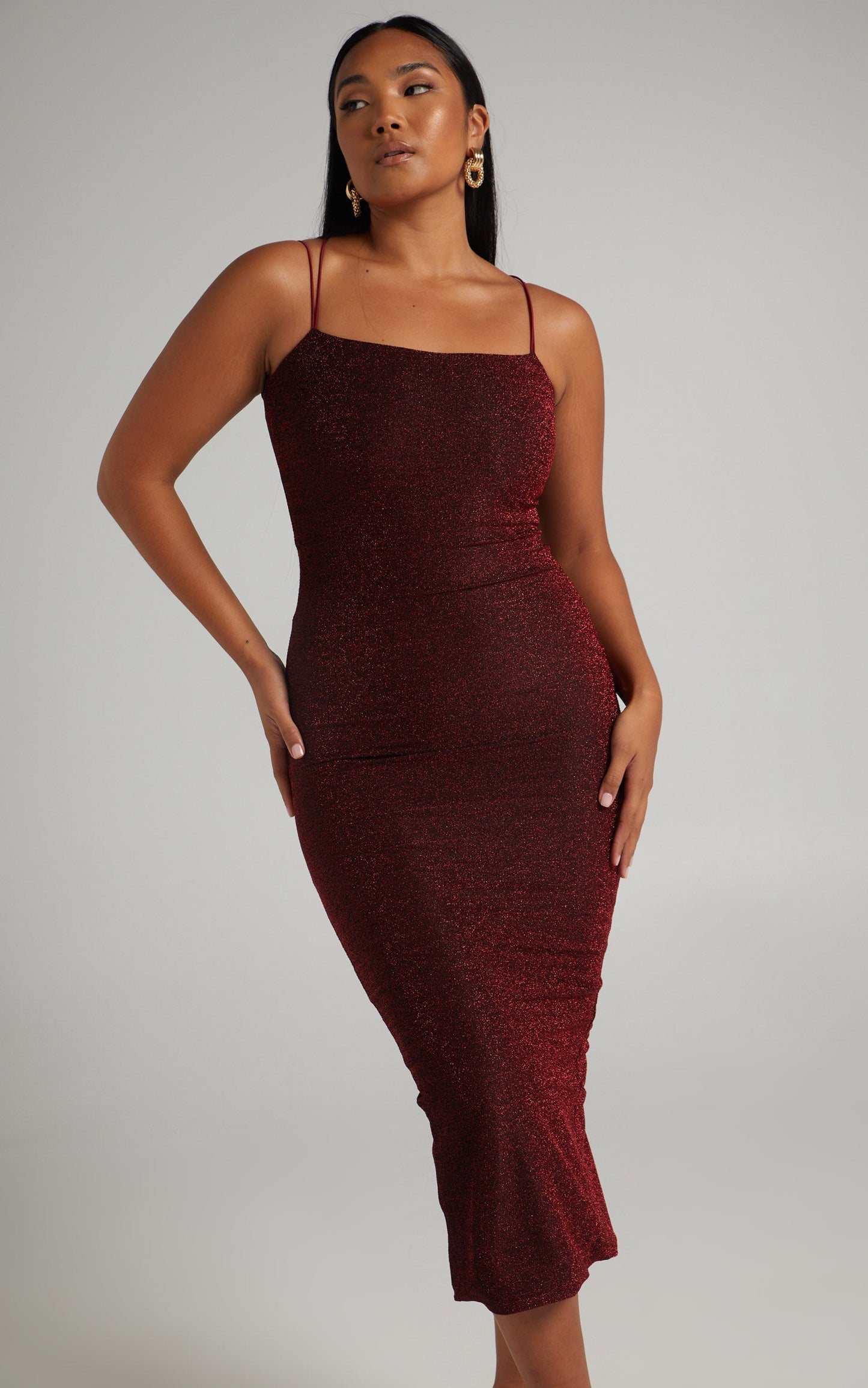 Starry Eyes Midi Dress - Bodycon Dress in Red Lurex