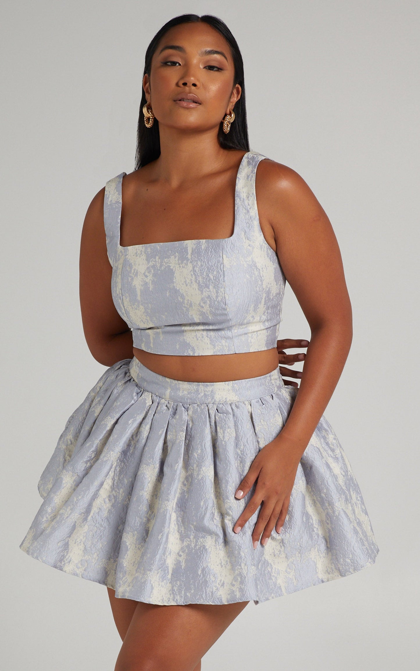 Viviana Crop Top Flare Mini Skirt Two Piece Set in Blue