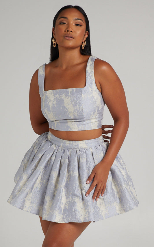 Viviana Crop Top Flare Mini Skirt Two Piece Set in Blue