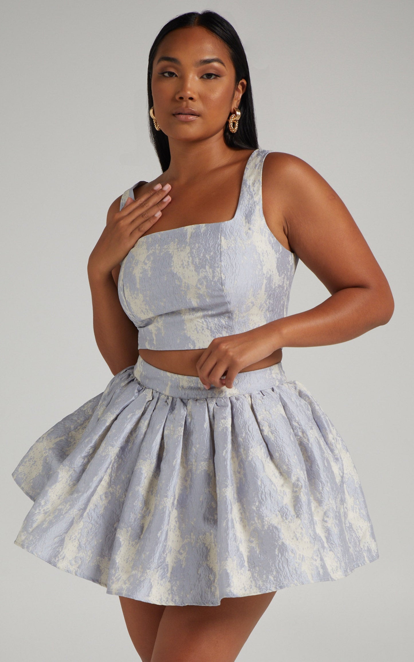 Viviana Crop Top Flare Mini Skirt Two Piece Set in Blue