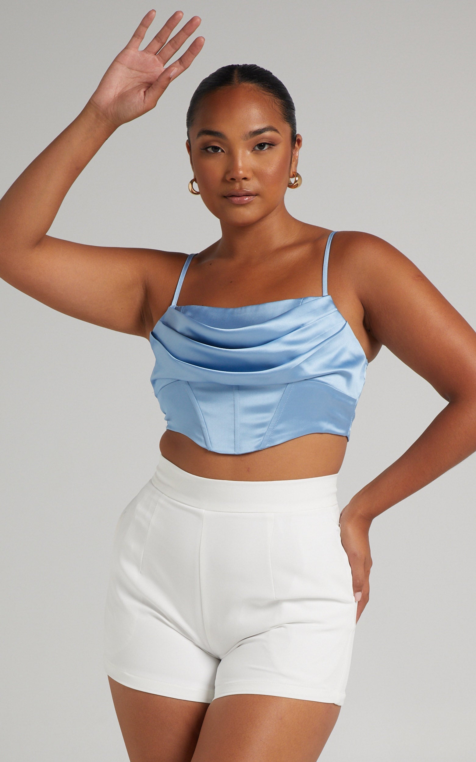 Jadey Cowl Neck Corset Crop Top in Dusty Blue Satin